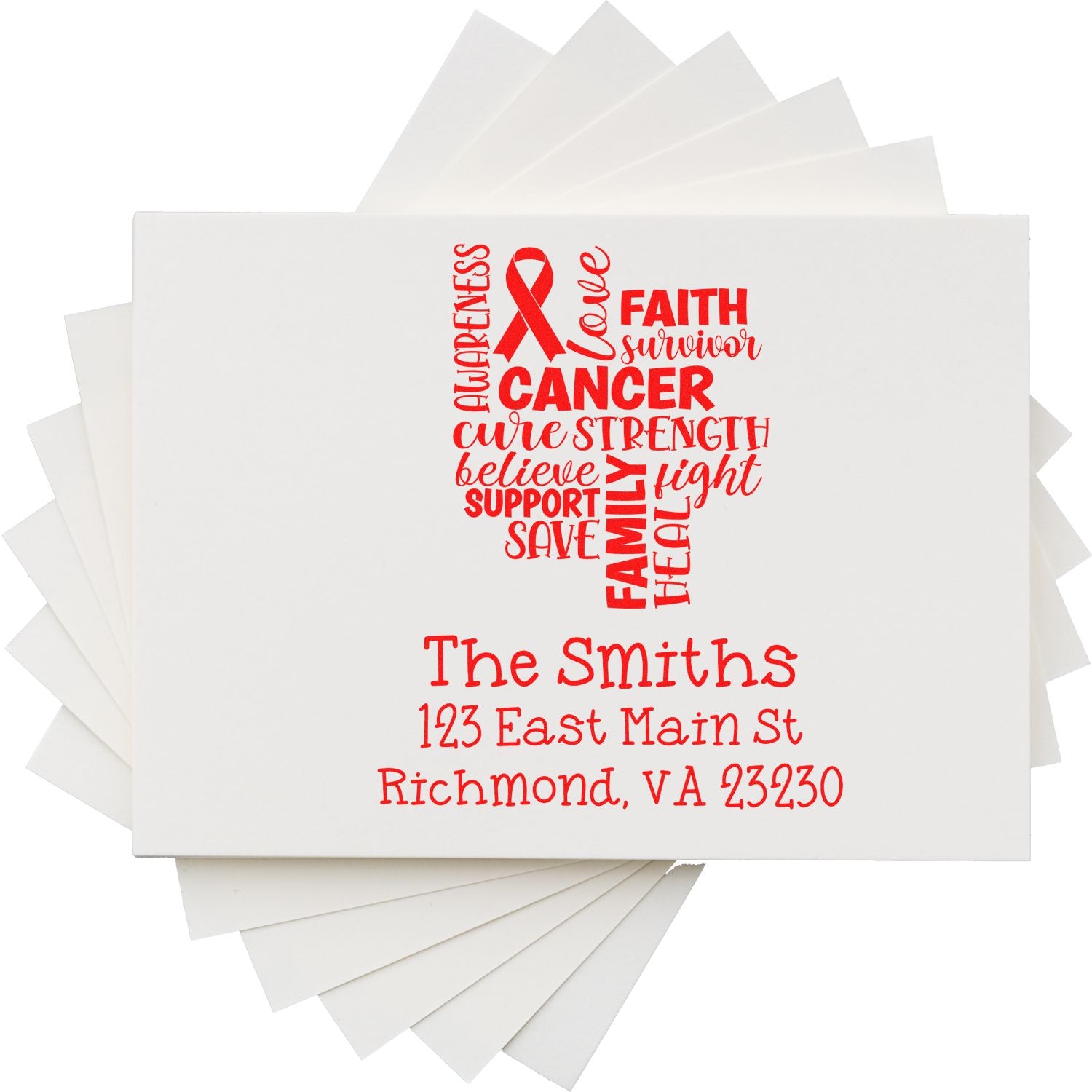 Custom cancer awareness rubber stamp with personalized return address and red ribbon design for survivor support gifts.