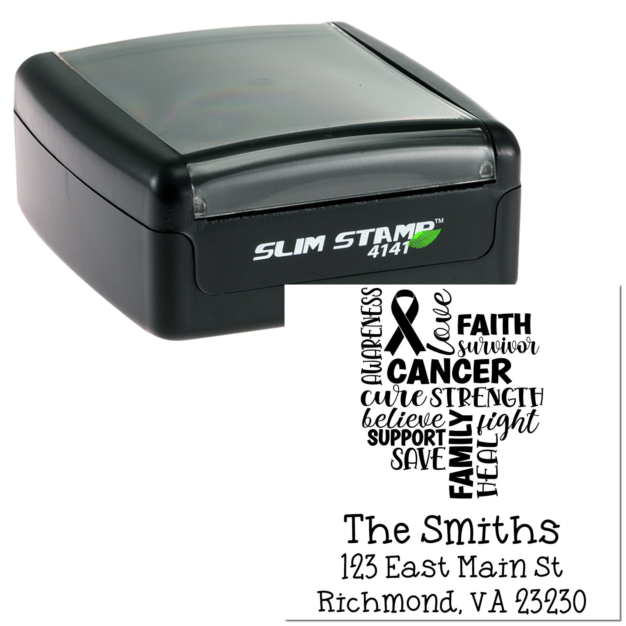Custom self-inking slim rubber stamp with cancer awareness ribbon and return address imprint for personalized mailing.