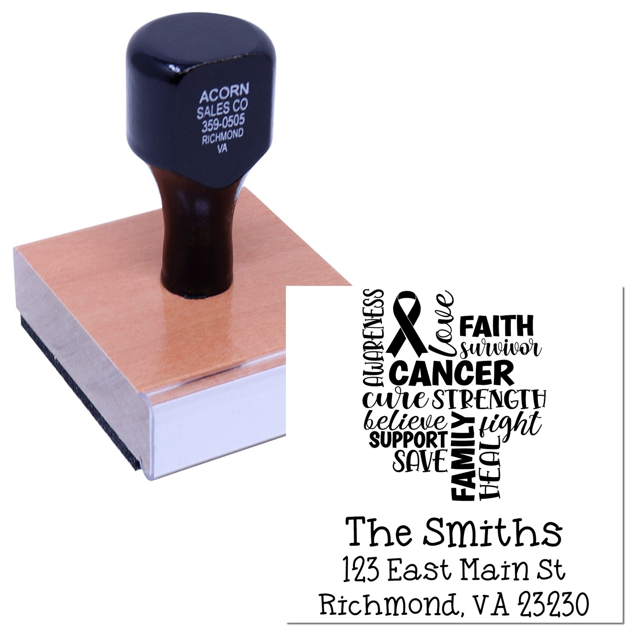 Custom rubber stamp for cancer awareness with ribbon design and return address imprint for personalized mailings.