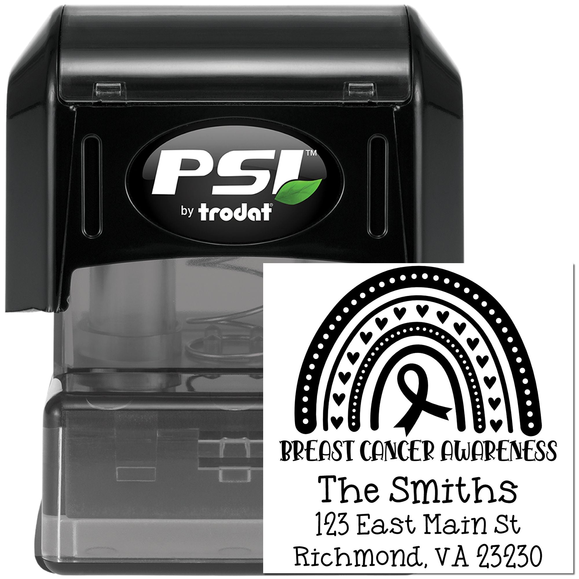 PSI by Trodat self-inking rubber stamp with breast cancer awareness rainbow ribbon and personalized address design