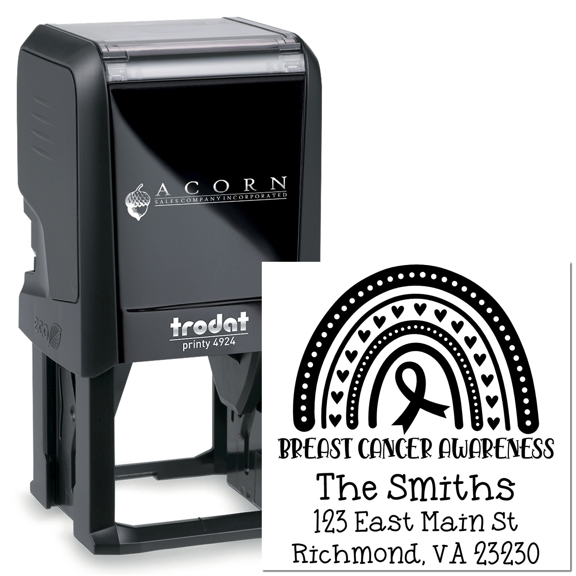 Custom self-inking rubber stamp with Breast Cancer Awareness design and return address for personalized mailing.