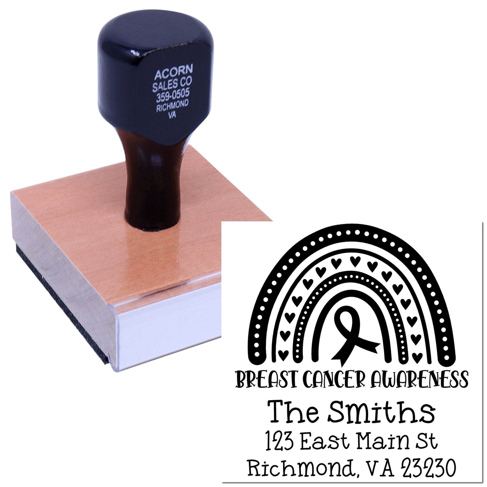 Custom breast cancer awareness rubber stamp with rainbow ribbon design and personalized address for cards, fundraising, and support mailings.