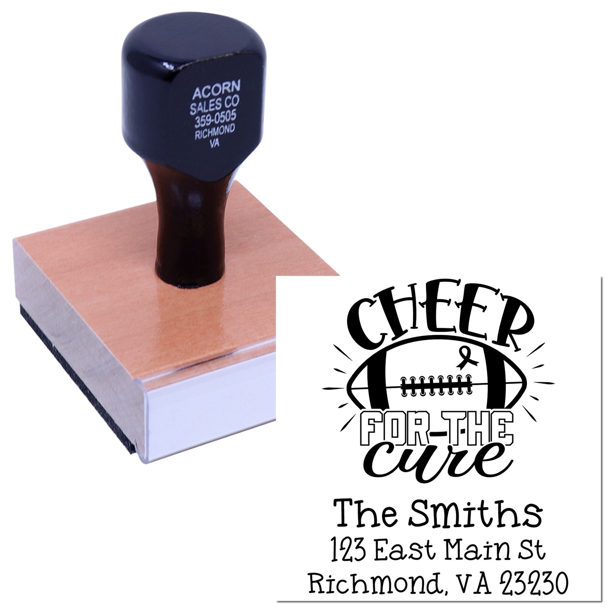 Custom wooden rubber stamp with cheer football design and sample imprint for The Smiths address.