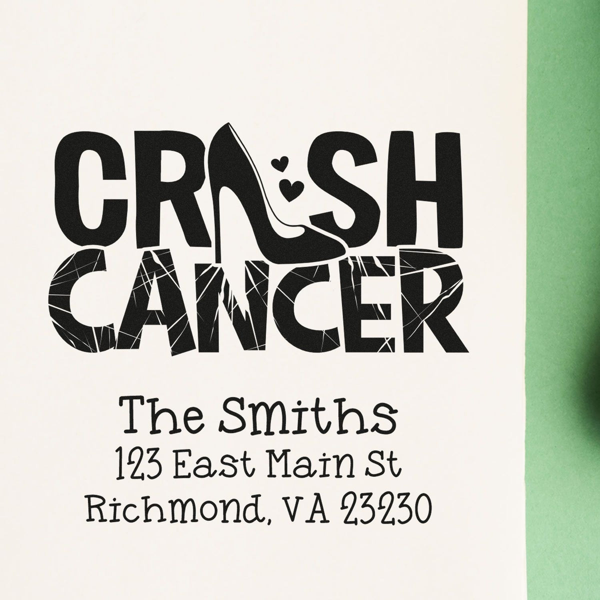 Custom return address rubber stamp with Crash Cancer design for cancer awareness cards and mailings.