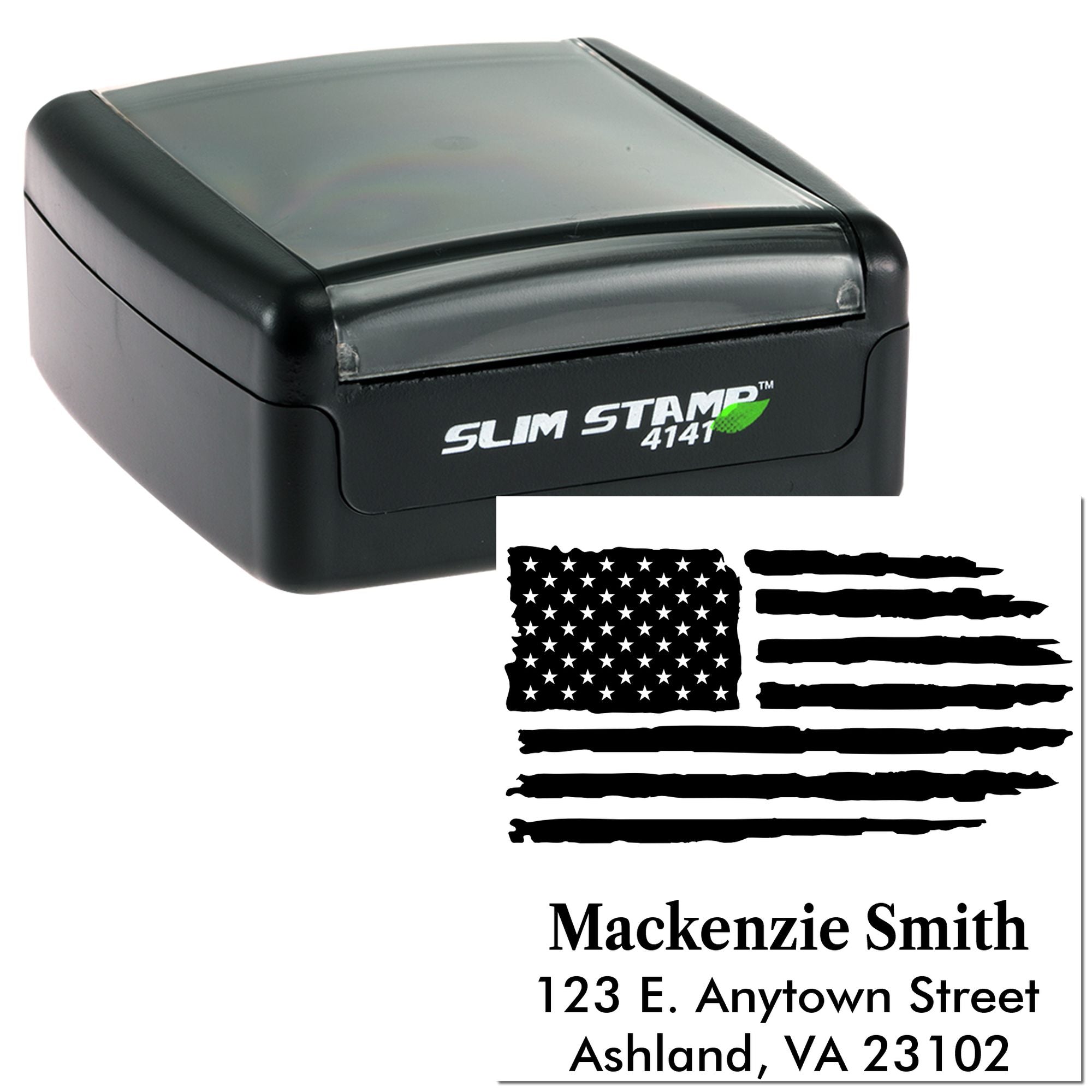 Slim Stamp 4141 self-inking rubber stamp with custom USA flag return address imprint
