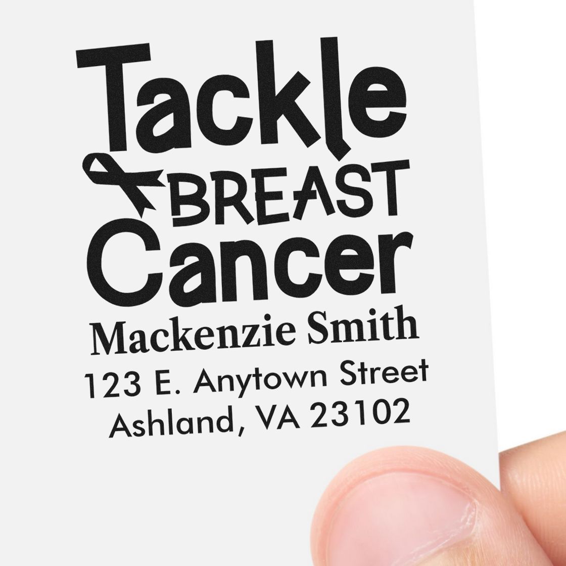Custom breast cancer awareness rubber stamp with pink ribbon, personalized name, and return address for mailing.
