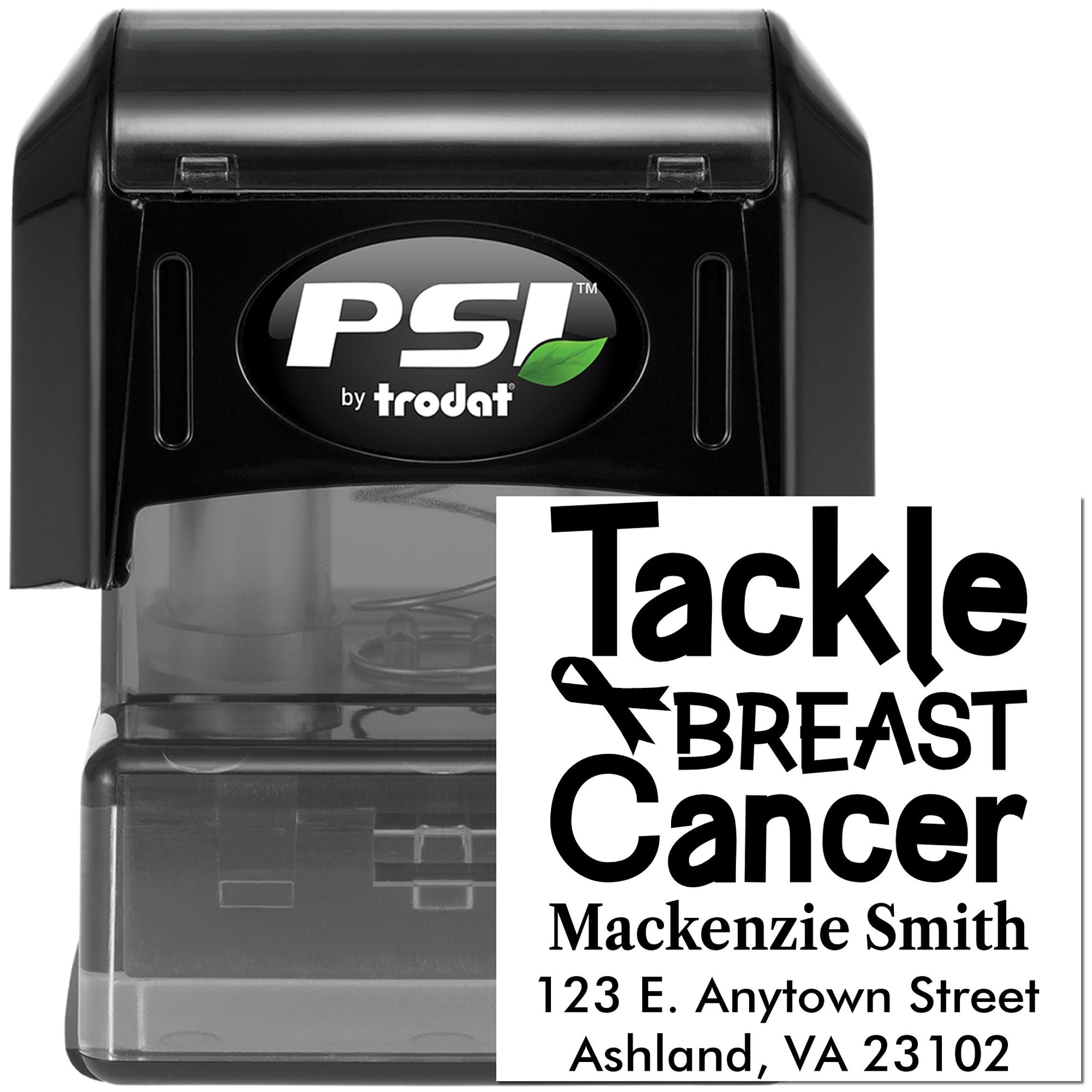 Custom PSI by Trodat self-inking rubber stamp with Tackle Breast Cancer awareness design and return address imprint