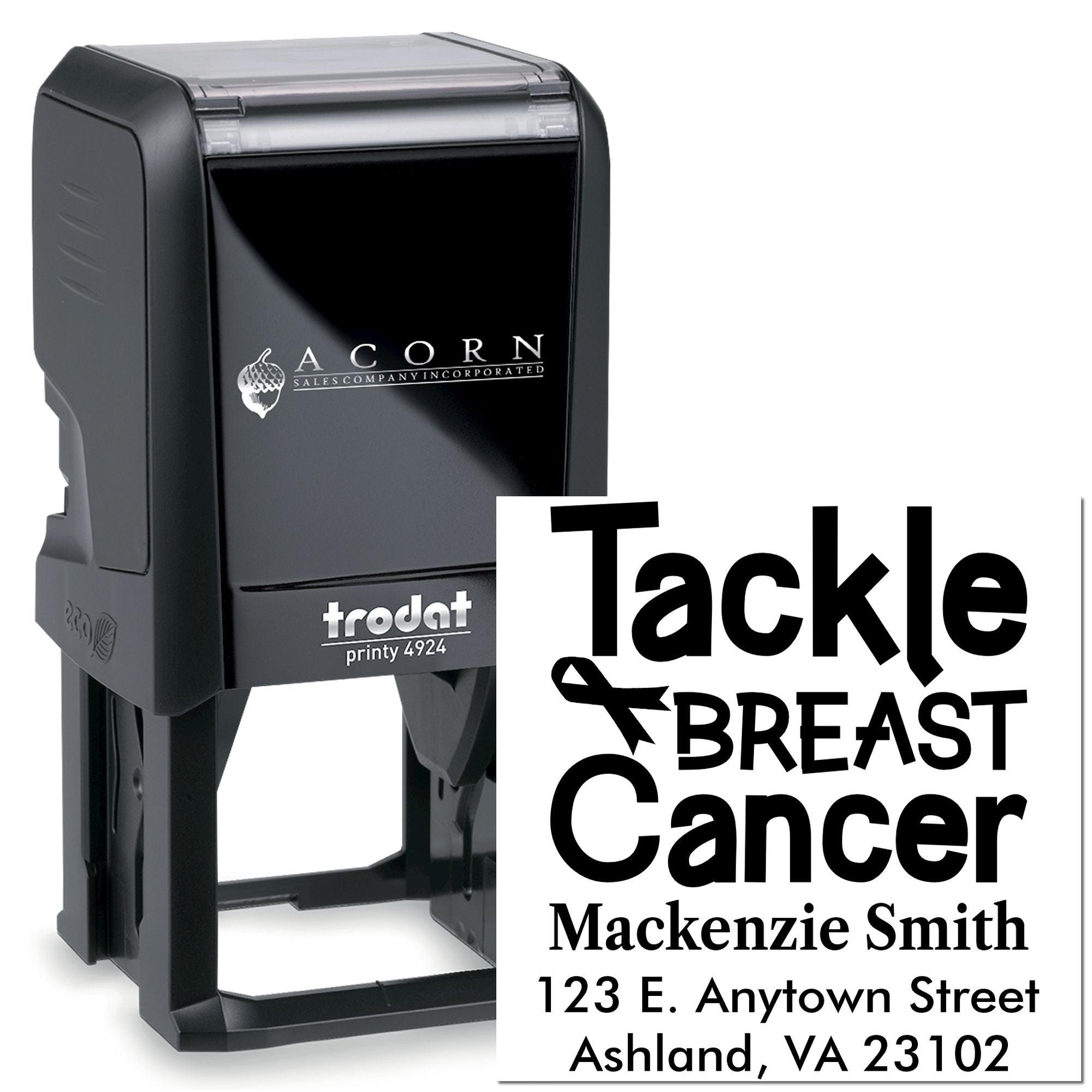 Trodat Printy 4924 custom self-inking rubber stamp featuring breast cancer awareness message, name, and return address.