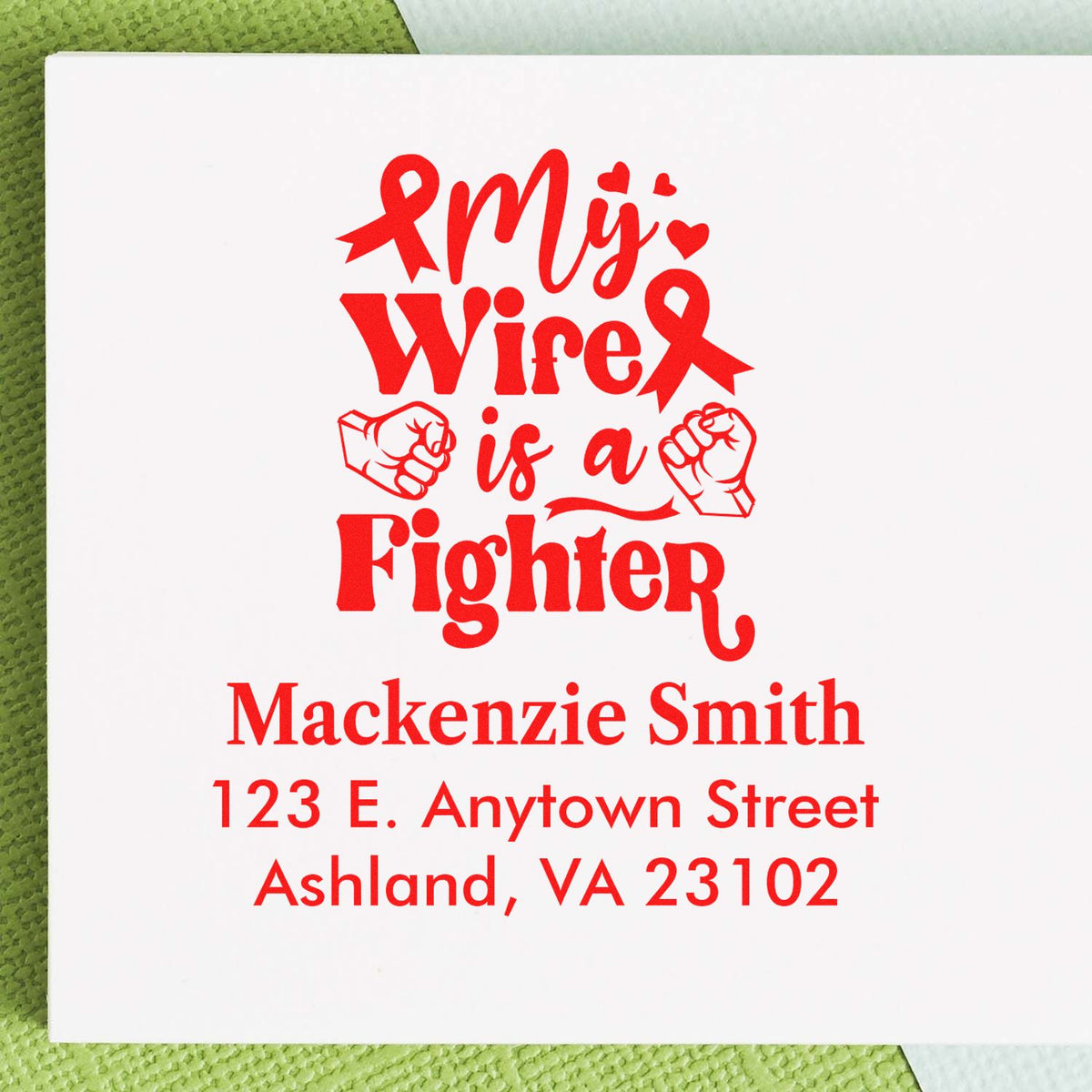 Custom rubber stamp for breast cancer awareness with My Wife Is a Fighter and personalized name and address.