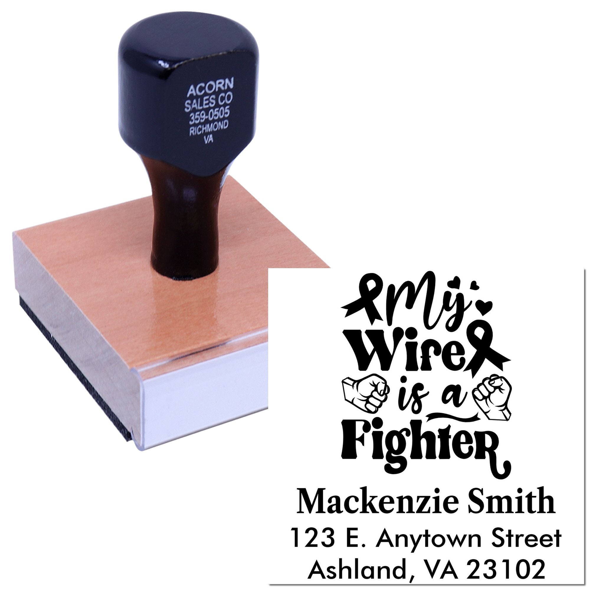 "My Wife Is A Fighter" Design Customizable Address Label Stamp with Wood Handle