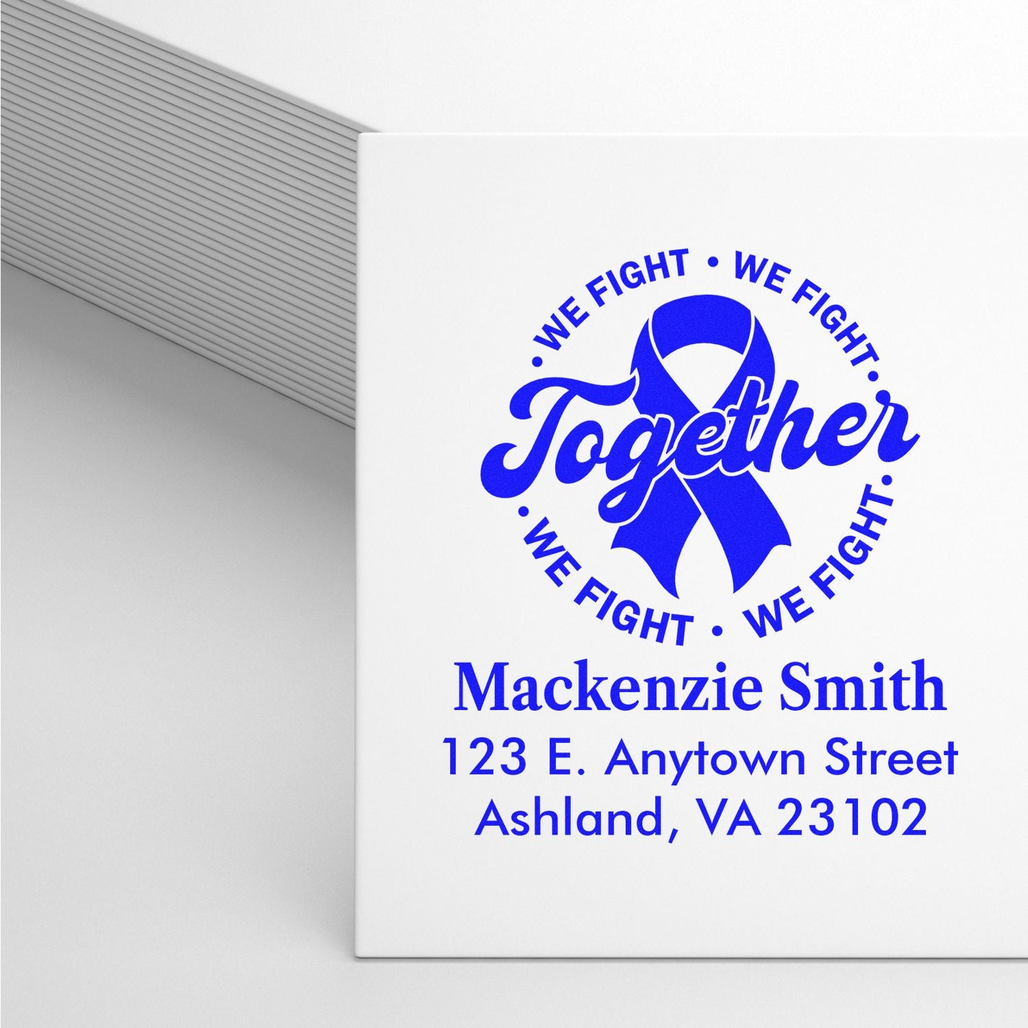 Custom rubber stamp with We Fight Together cancer awareness ribbon and personalized name and address.