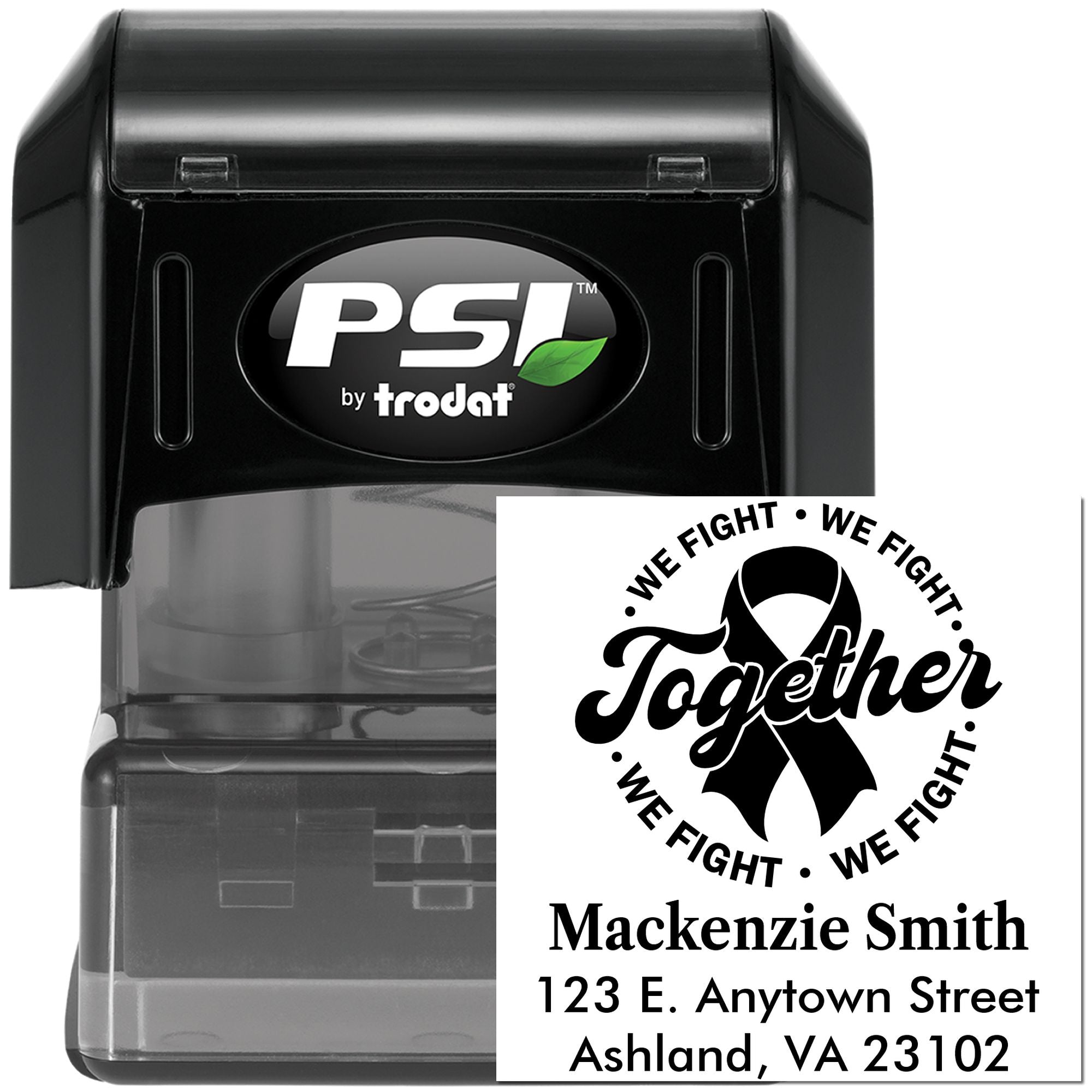 Custom self-inking PSI Trodat rubber stamp with breast cancer awareness ribbon, name, and address imprint for mailing labels.
