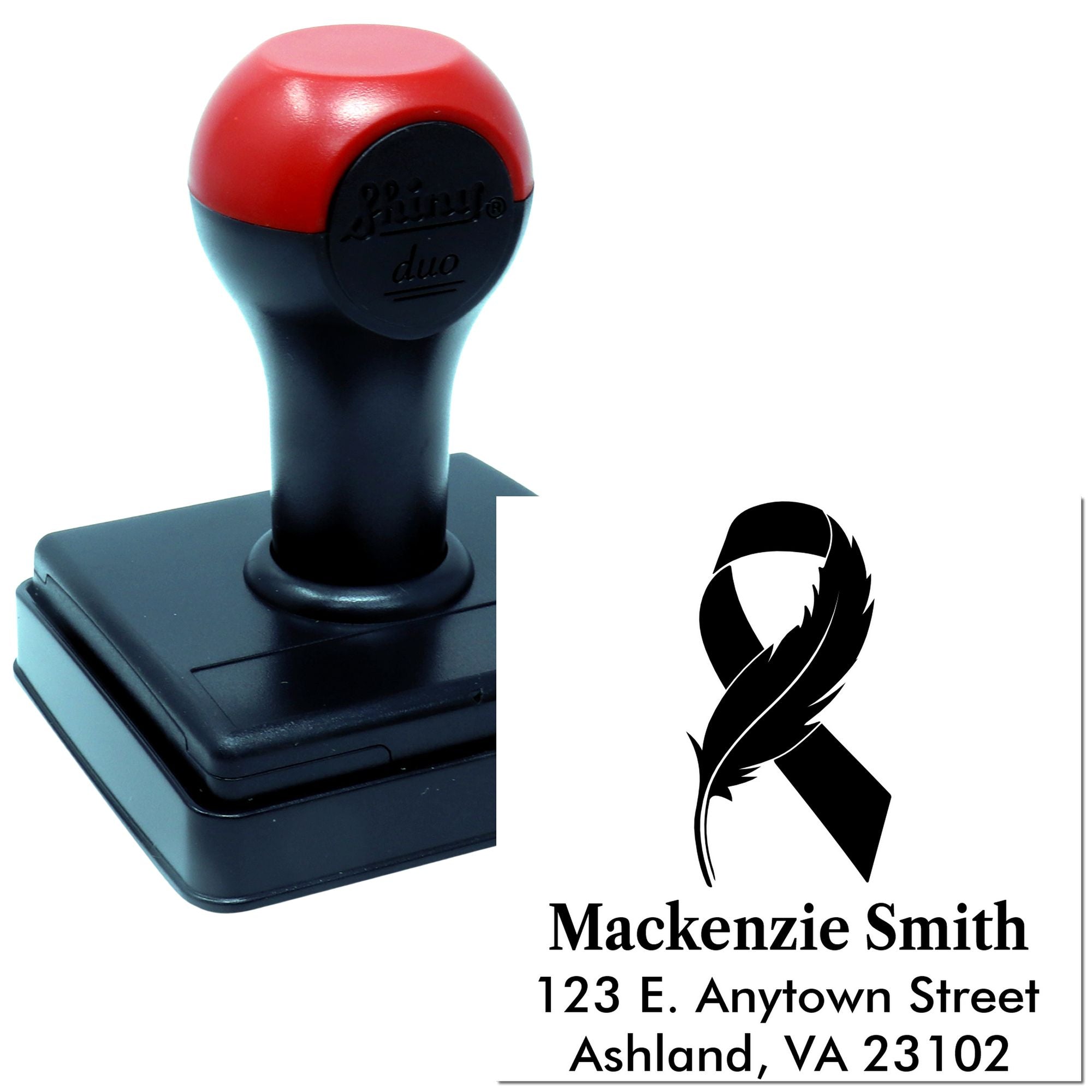 Self-inking custom rubber stamp with ribbon logo and name/address imprint for personalized return mailing.