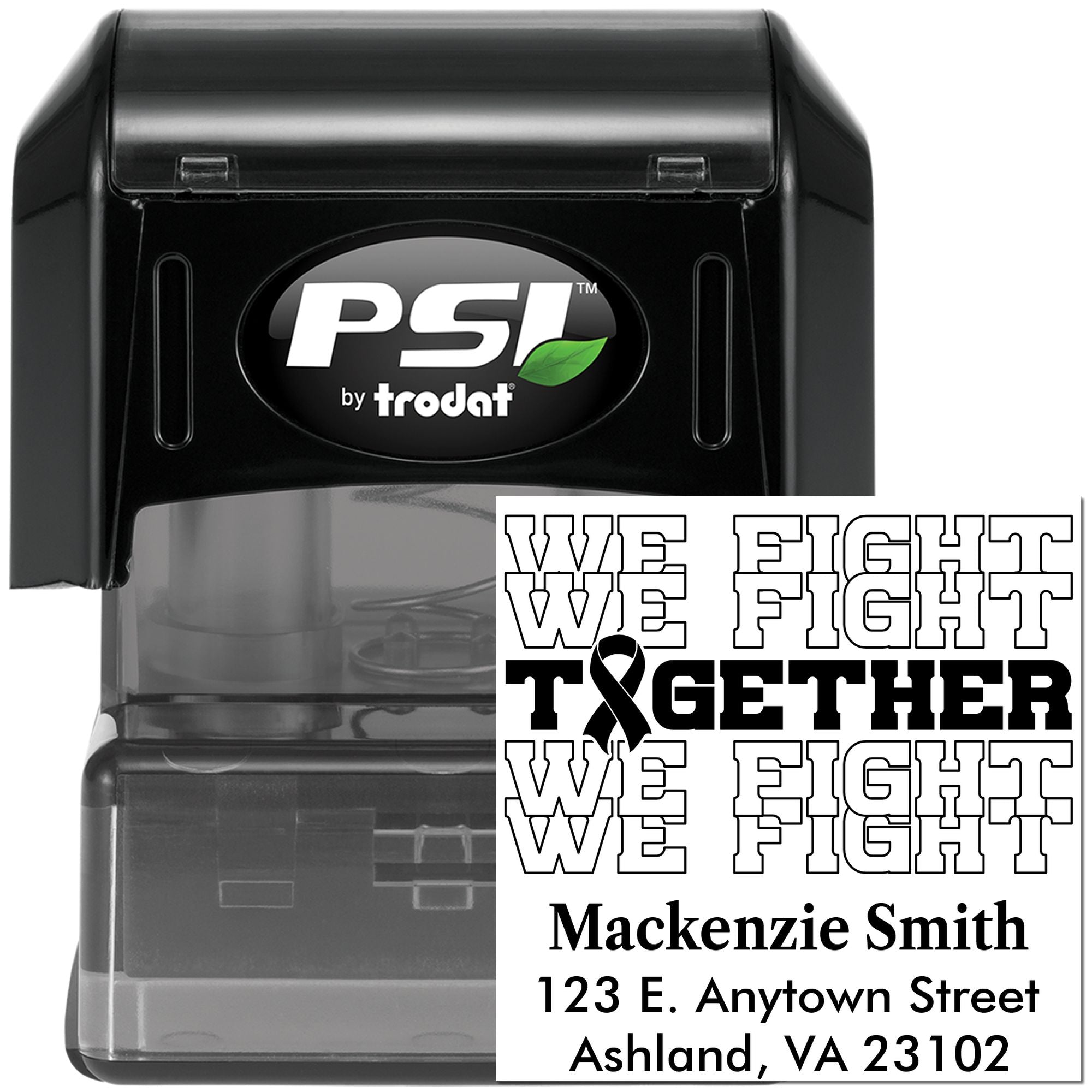 PSI by Trodat self-inking custom rubber stamp with We Fight Together cancer ribbon design and return address text.