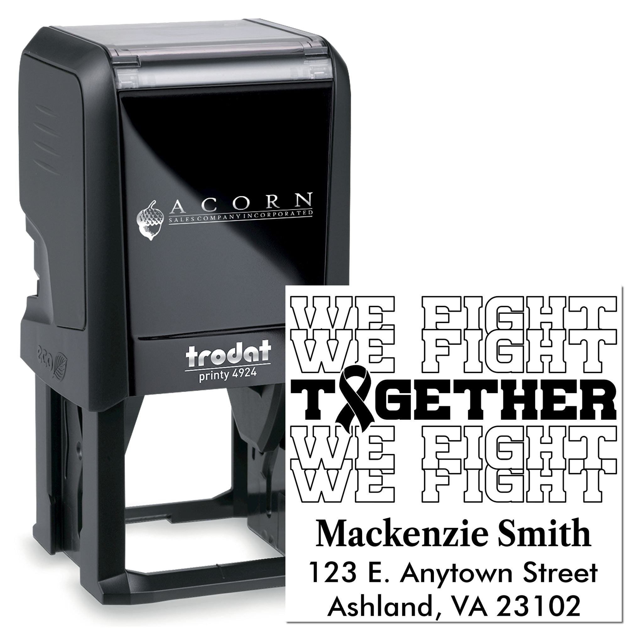Trodat Printy 4924 custom self-inking rubber stamp with logo, address, and We Fight Together awareness design.