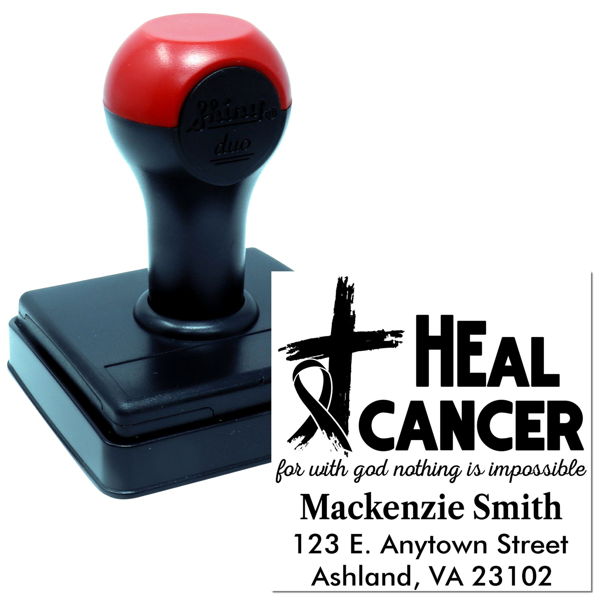 Custom self-inking rubber stamp with HEAL CANCER cancer awareness design, ribbon graphic, and personalized name/address imprint.