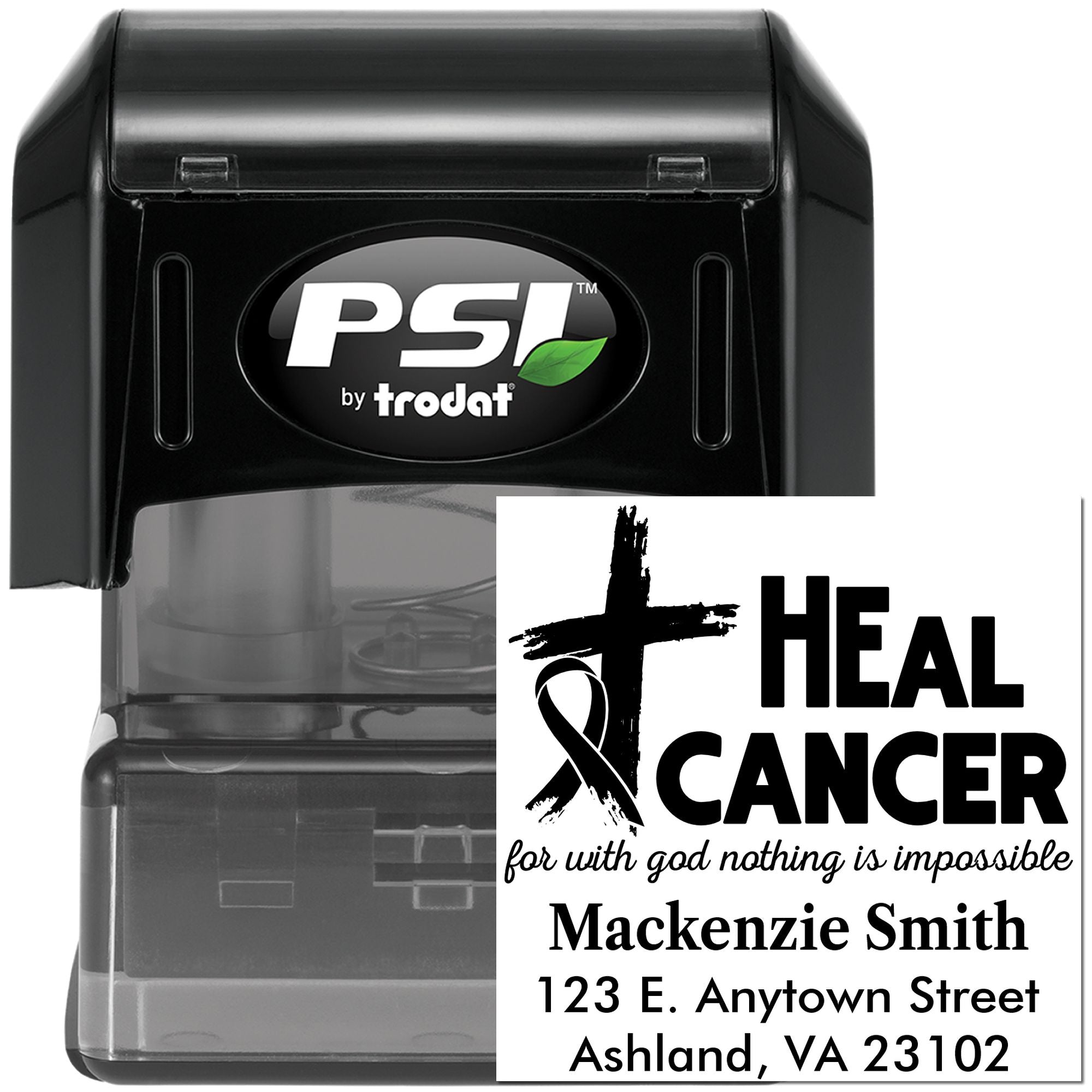Custom PSI by Trodat self-inking rubber stamp with Heal Cancer awareness design, name, and address imprint.