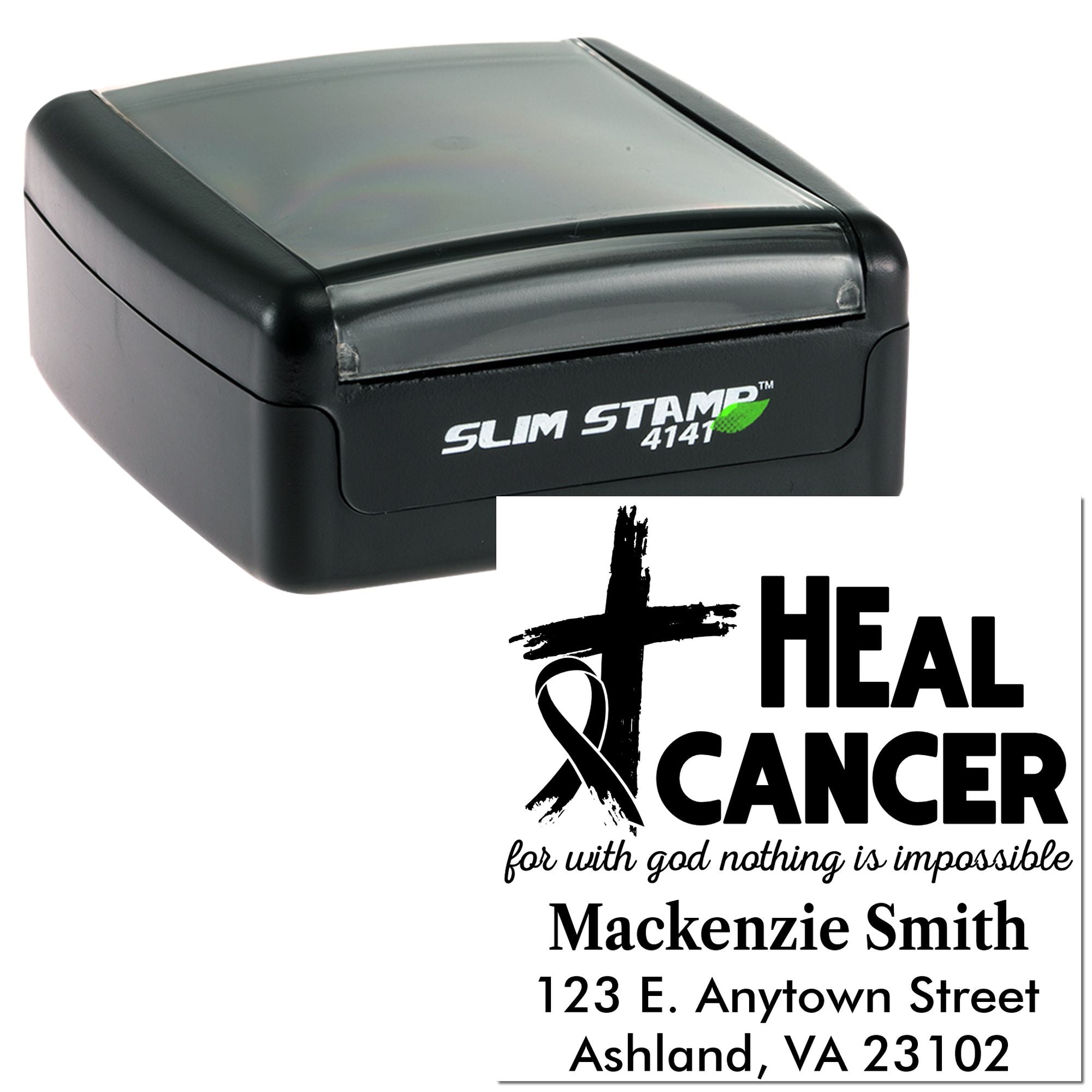 Custom slim rubber stamp for cancer awareness with Heal Cancer message and personalized return address.