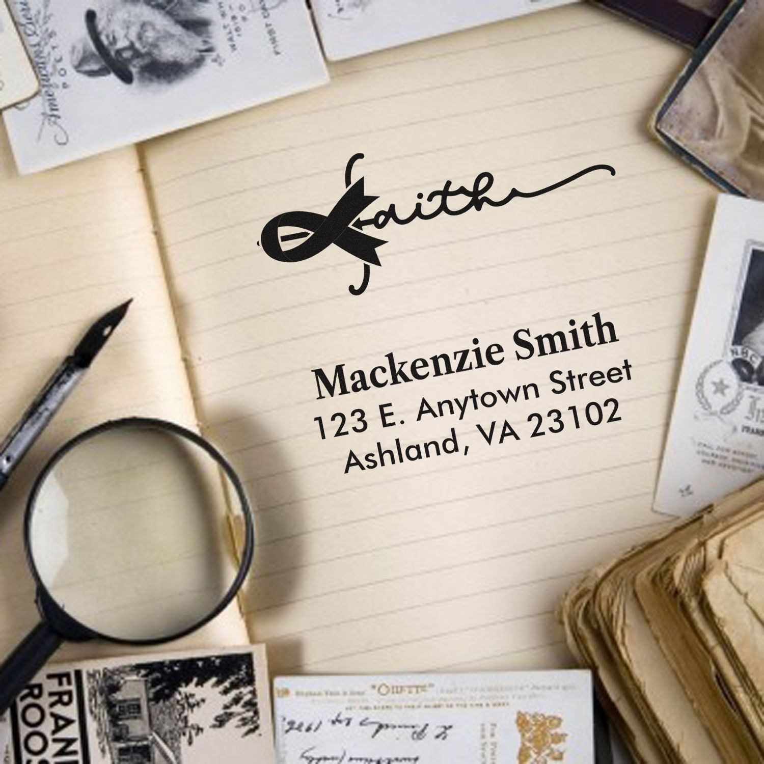 Custom faith ribbon and return address rubber stamp for personalized Christian stationery and mail.