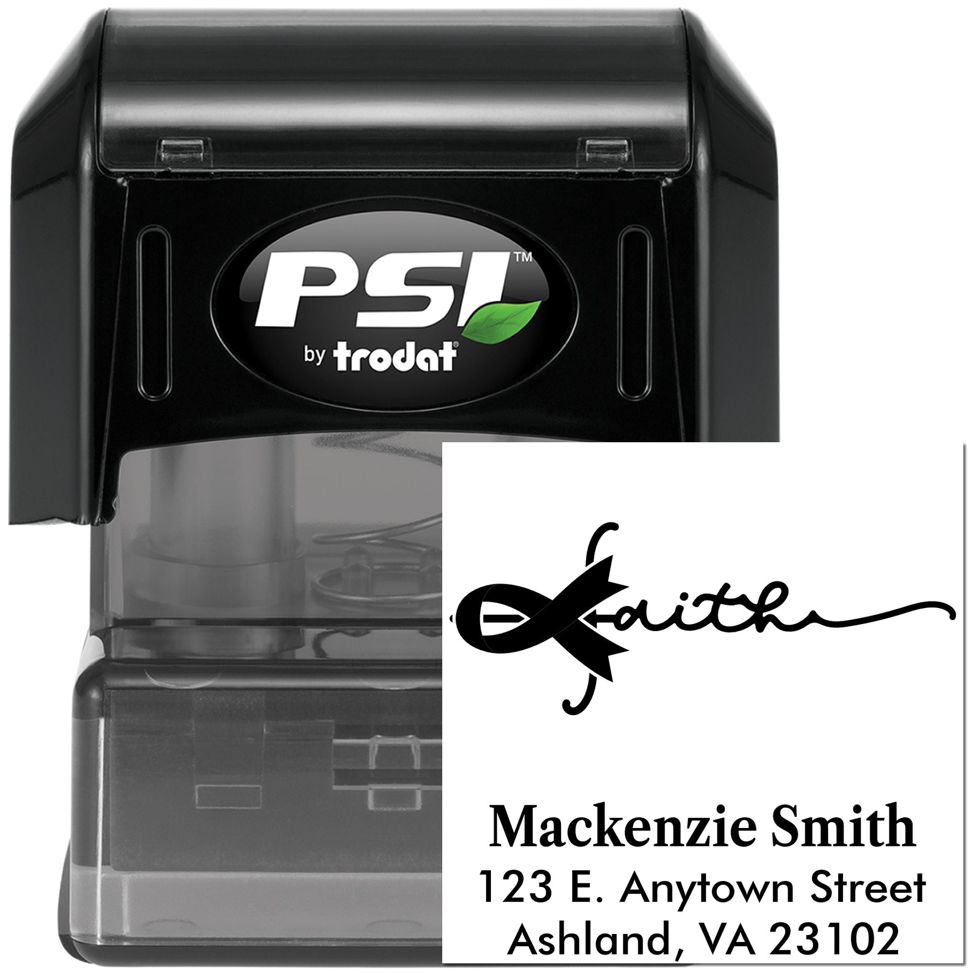 Custom self-inking address stamp by PSI Trodat with faith fish logo and personalized name and mailing address.