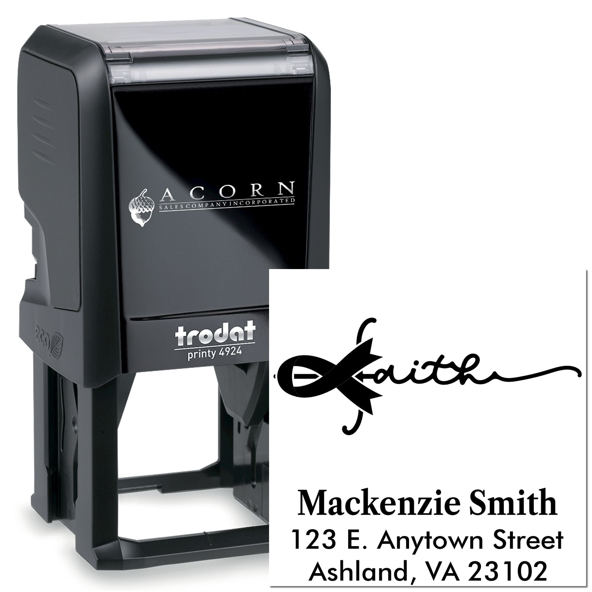 Custom self-inking rubber stamp with faith design and return address imprint, Trodat Printy 4924.