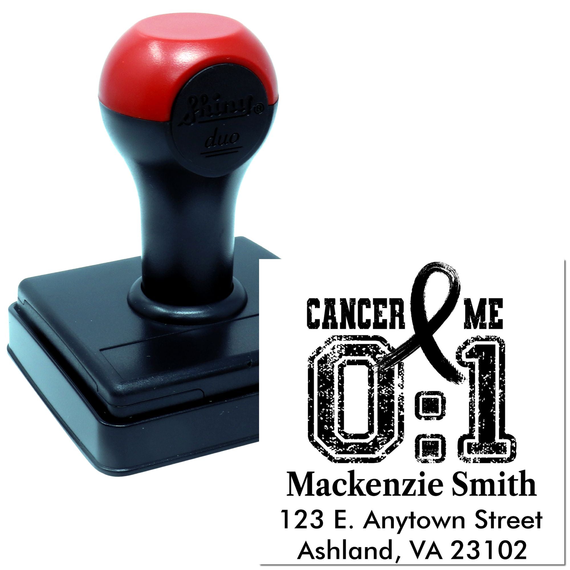 Custom self-inking rubber stamp with cancer awareness ribbon and personalized address imprint sample.
