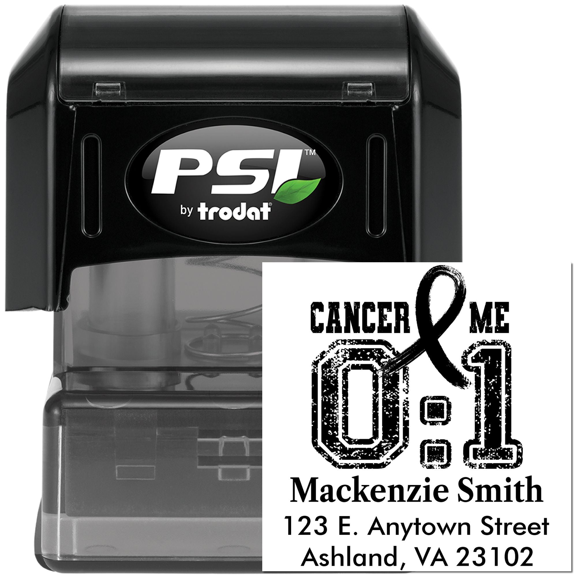 PSI by Trodat self-inking rubber stamp with custom cancer awareness ribbon address imprint for personalized mailings