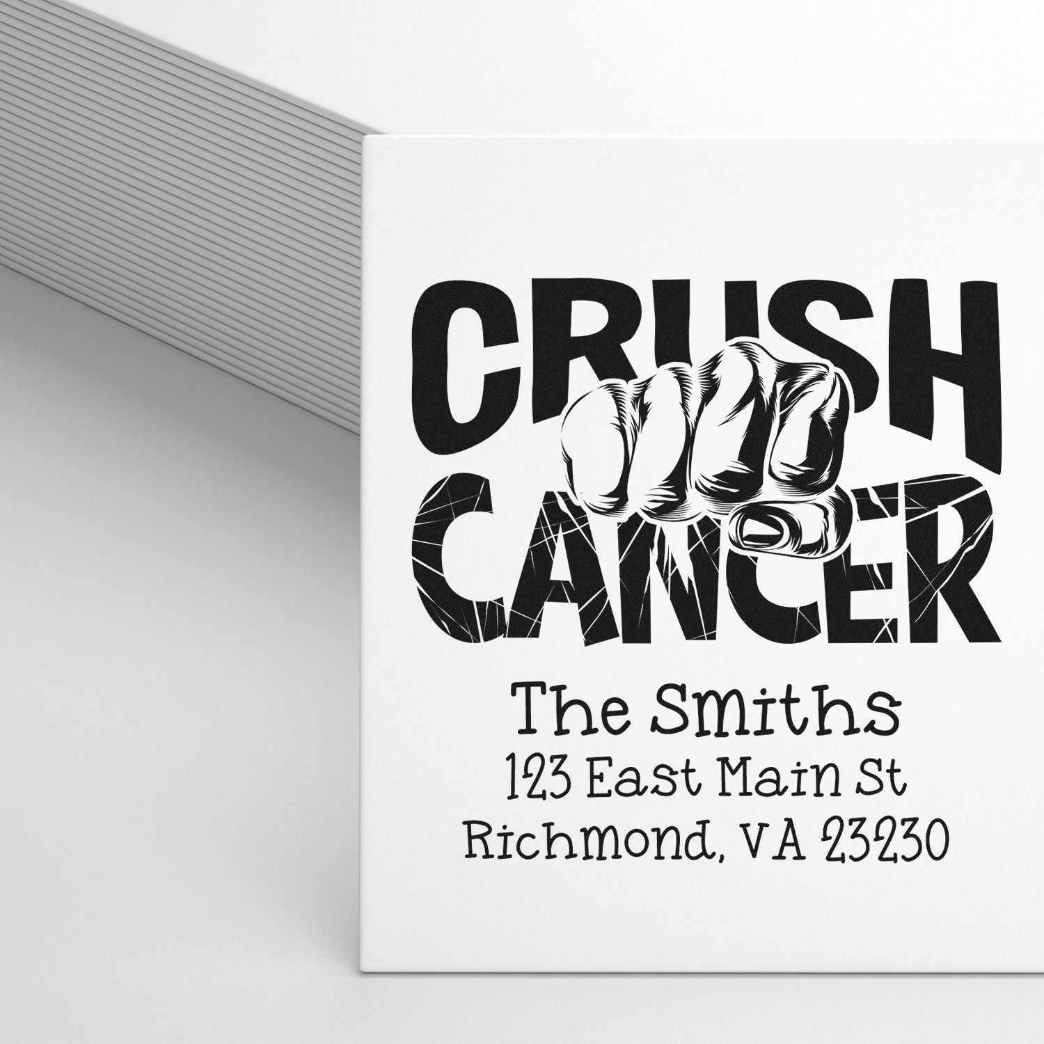 Custom rubber stamp with Crush Cancer design and personalized return address for The Smiths family.