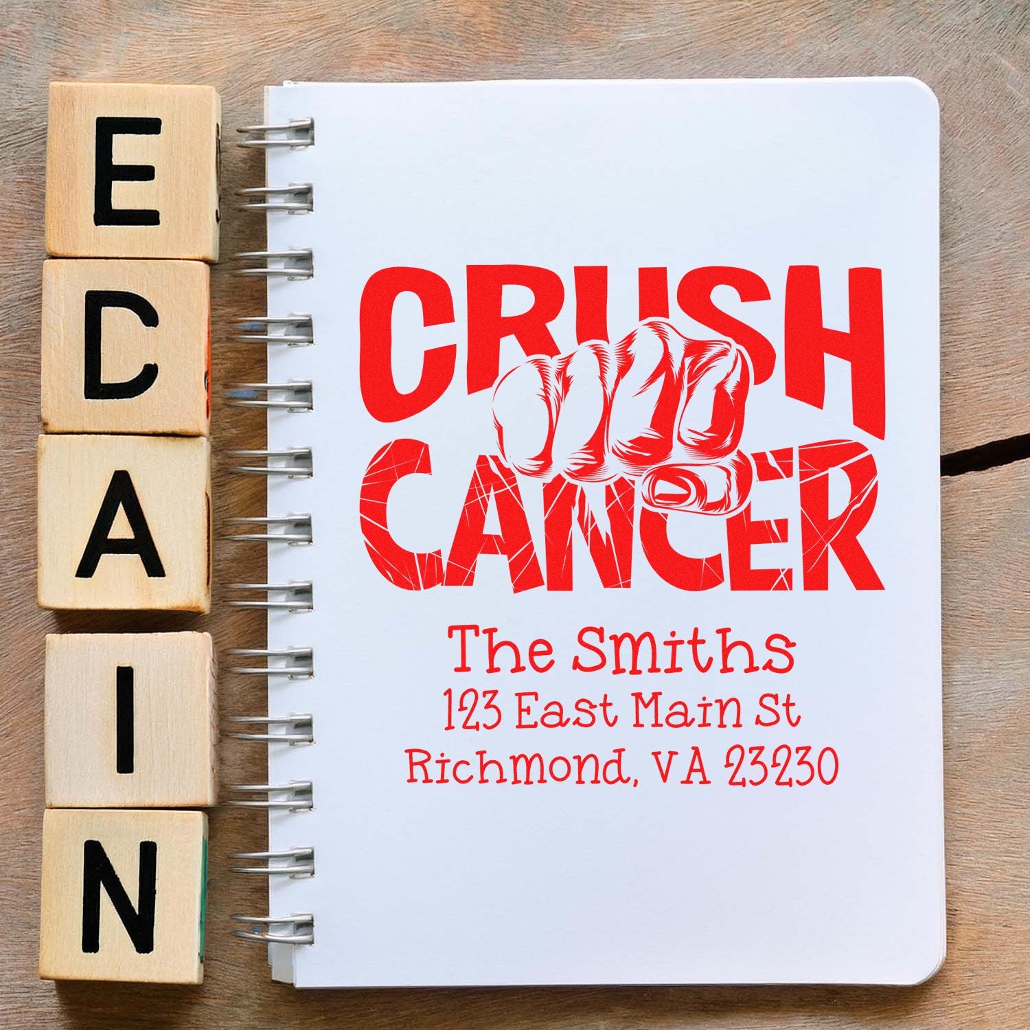 Custom Crush Cancer rubber stamp design with personalized return address for The Smiths, Richmond VA.