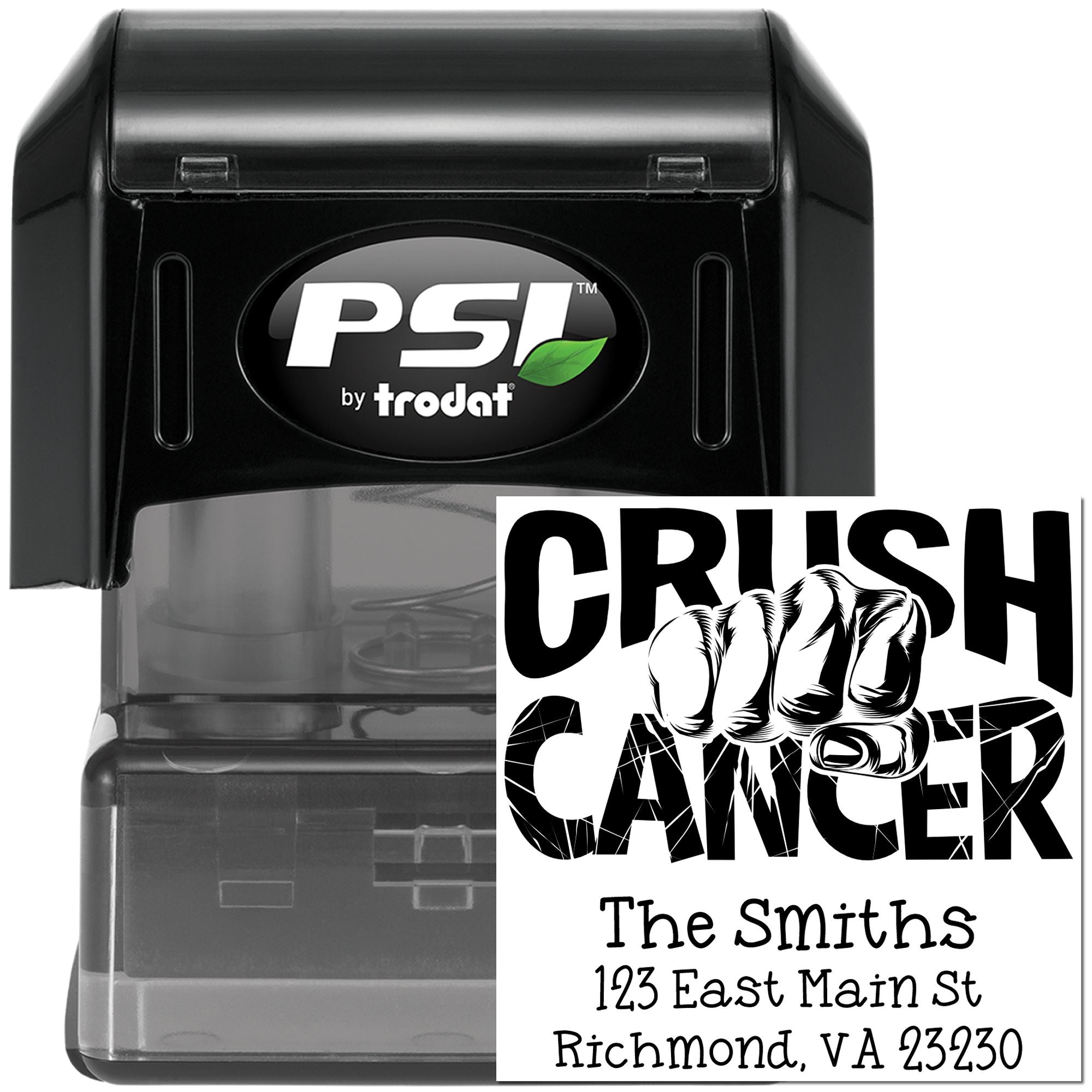 Custom self-inking rubber stamp by PSI Trodat with Crush Cancer design and personalized return address for The Smiths.