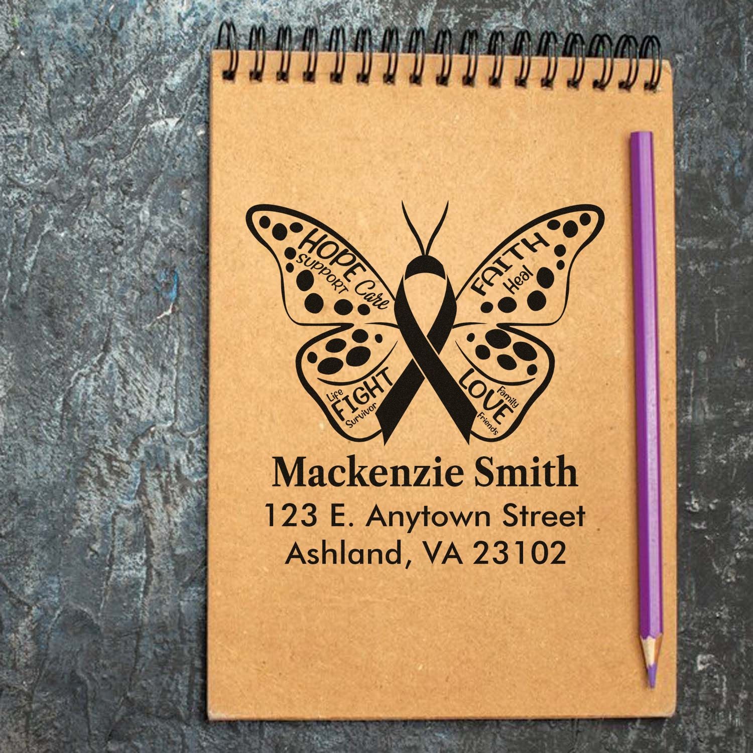 Personalized cancer awareness butterfly return address rubber stamp with ribbon, name, and address for stationery and gifts