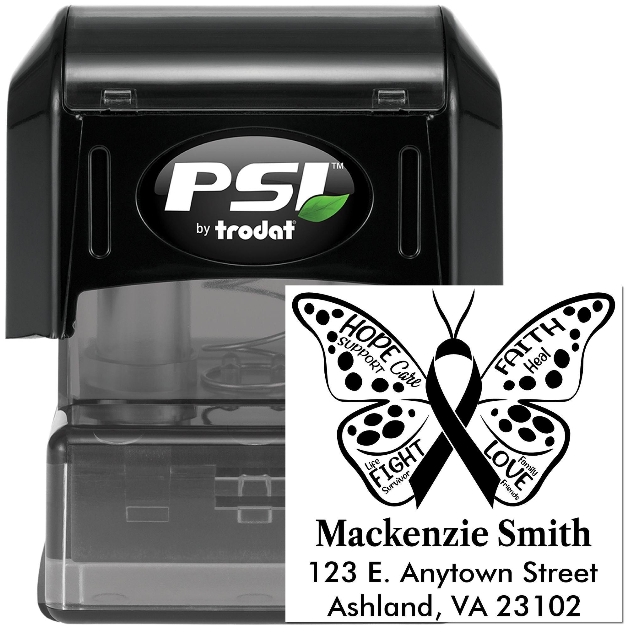 Custom self-inking rubber stamp for breast cancer awareness with butterfly ribbon design and address imprint, PSI by Trodat.