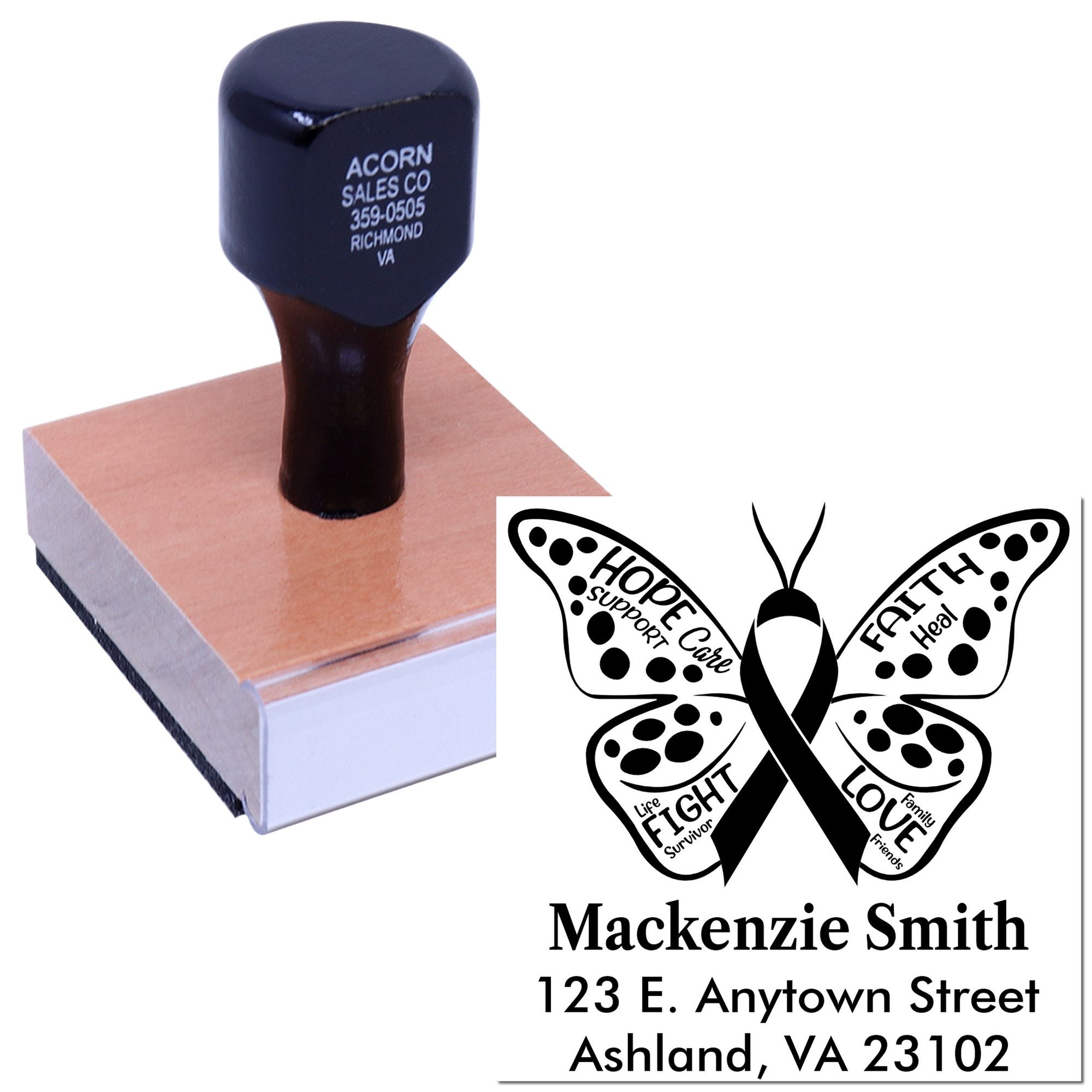 Custom rubber stamp with breast cancer awareness butterfly and return address design, ideal for personalized stationery.