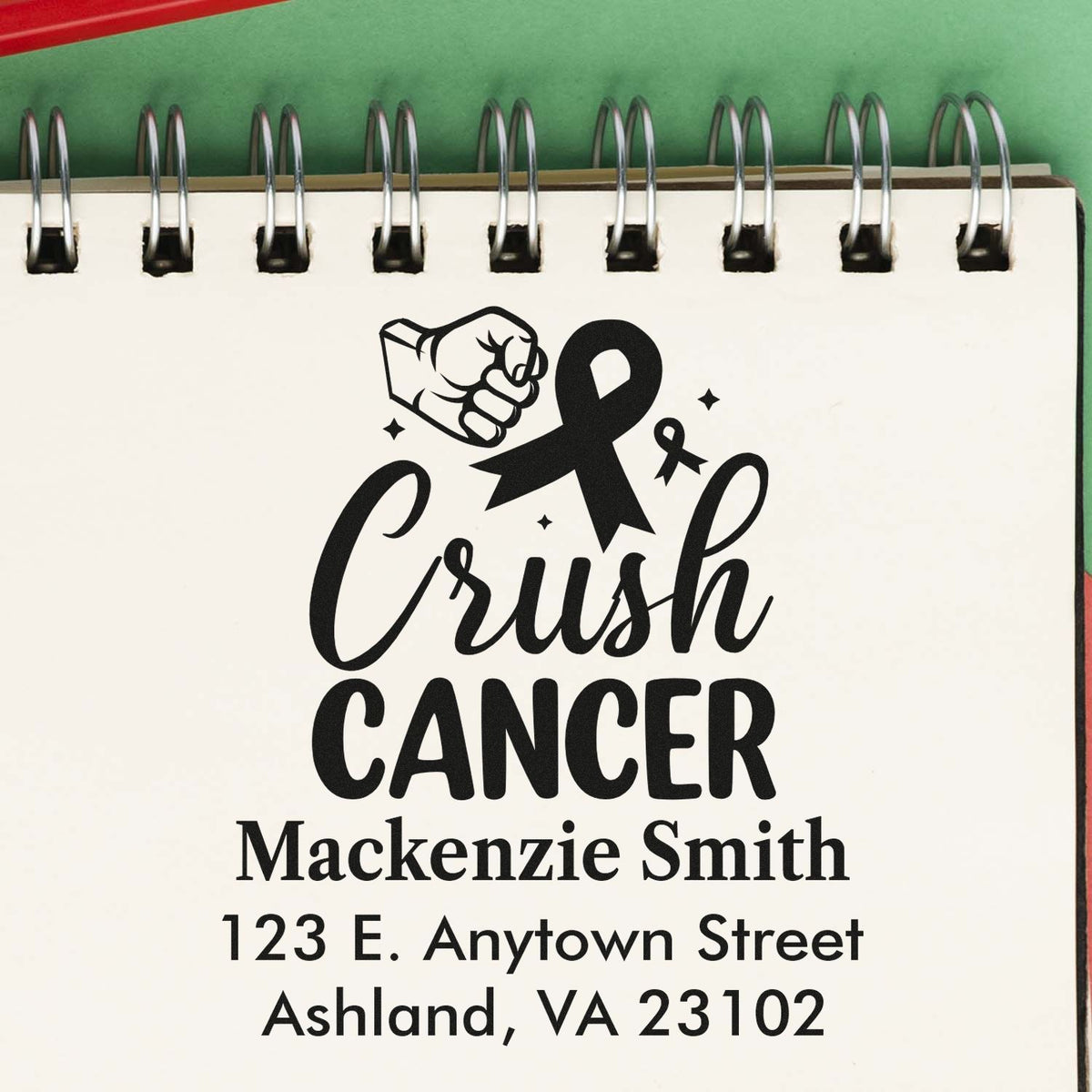 Custom rubber stamp for cancer awareness with Crush Cancer message, personalized name, and address design.