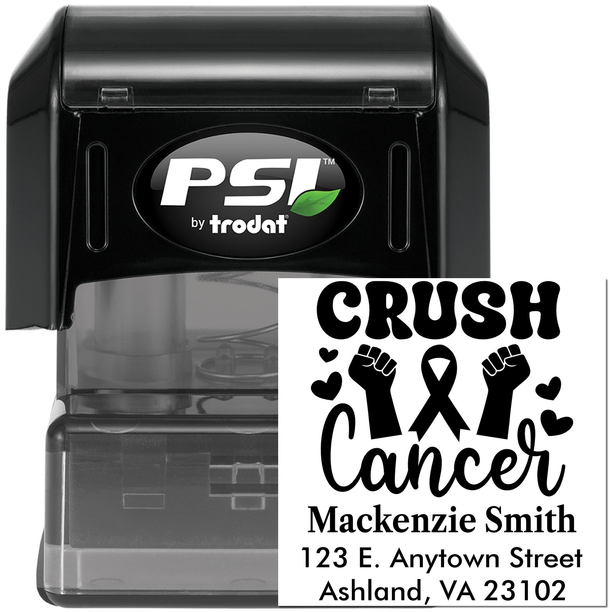 Custom self-inking rubber stamp with CRUSH Cancer awareness design, name, and address for personalized return mailing.