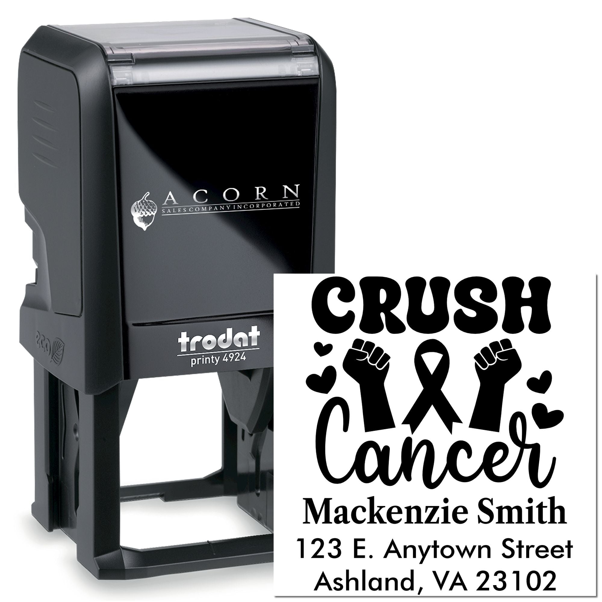 Trodat Printy 4924 self-inking rubber stamp with custom Crush Cancer awareness return address design