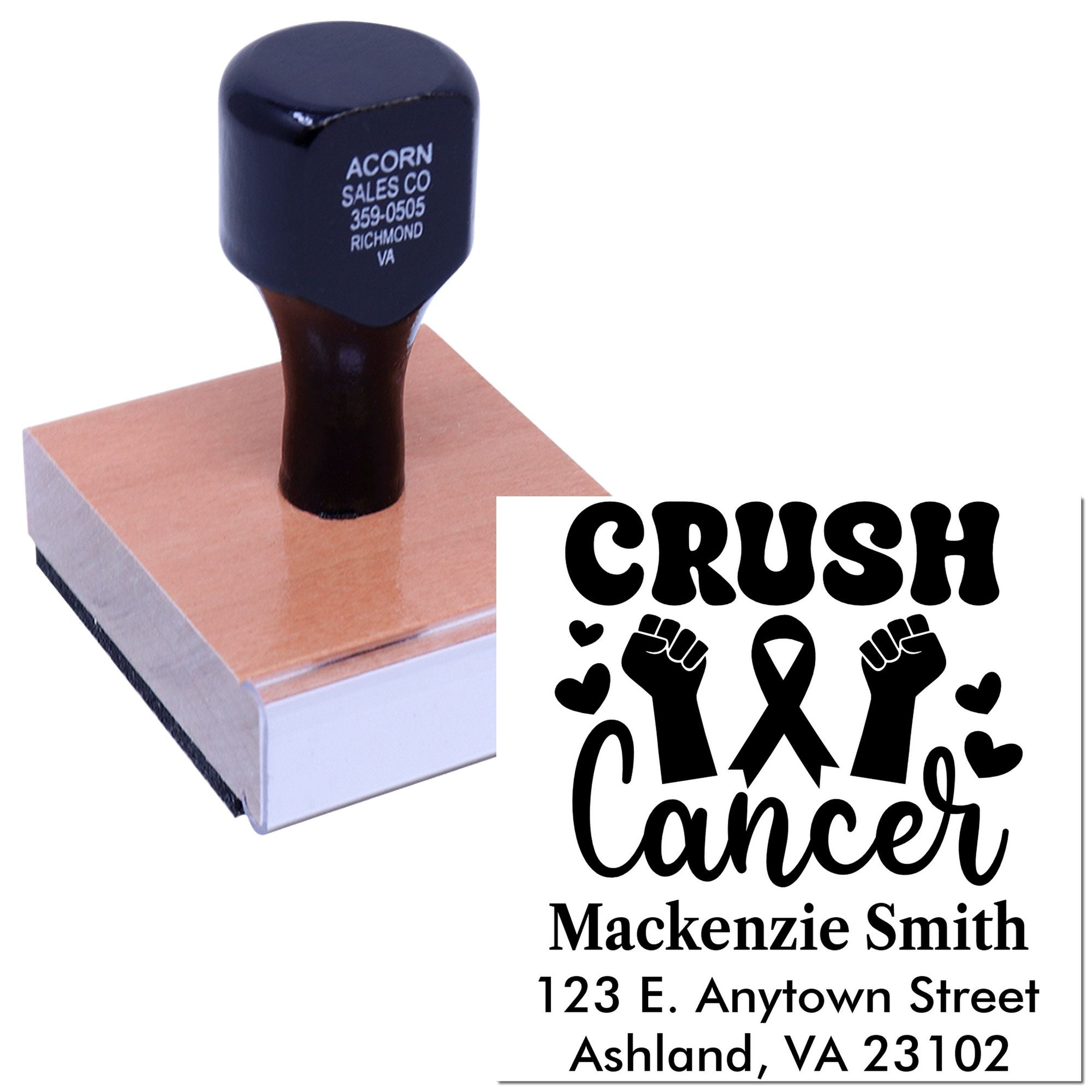 Personalized rubber stamp with CRUSH Cancer design, name, and address for Mackenzie Smith, Ashland, VA