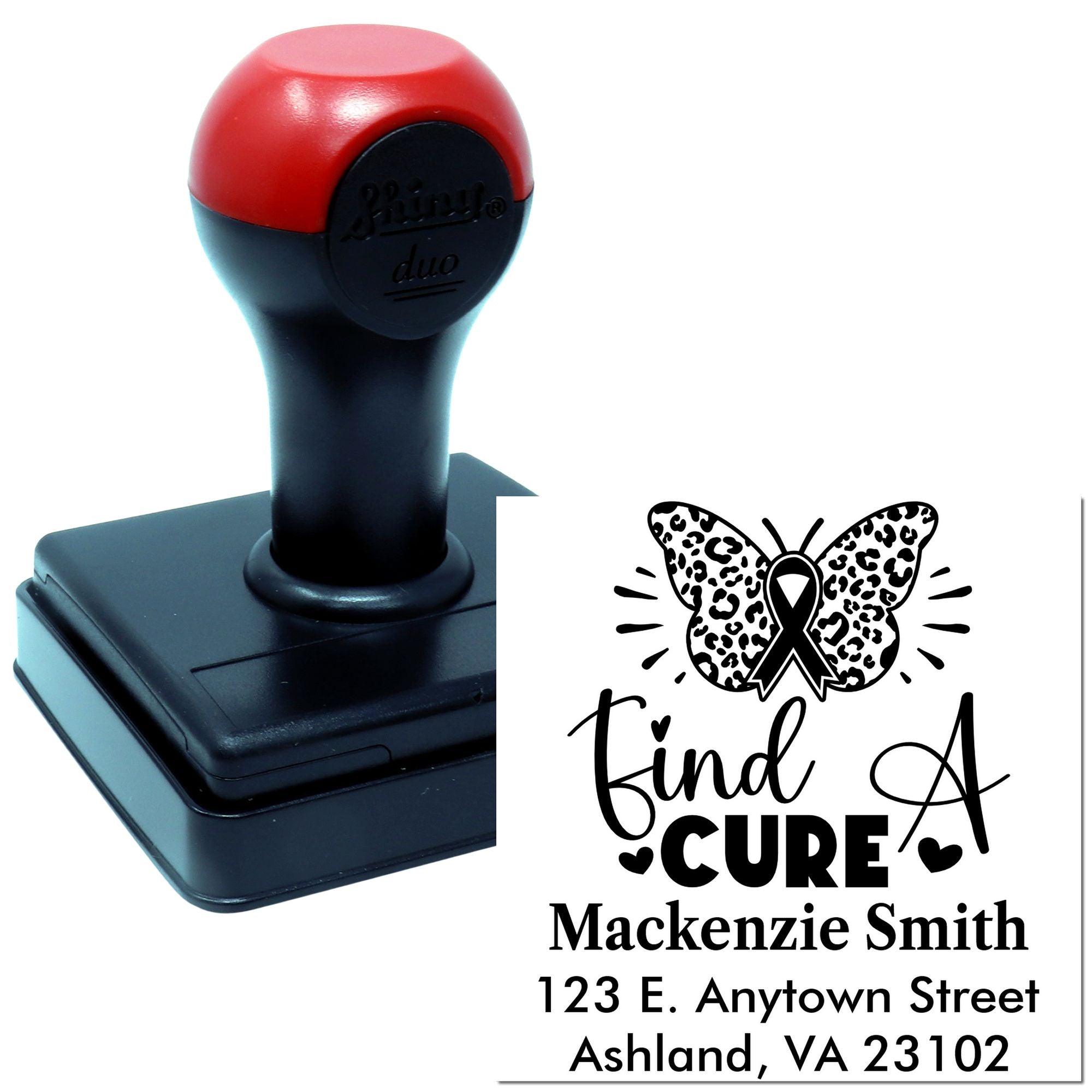 Custom self-inking rubber stamp for breast cancer awareness featuring Kind Cure butterfly ribbon and address imprint.