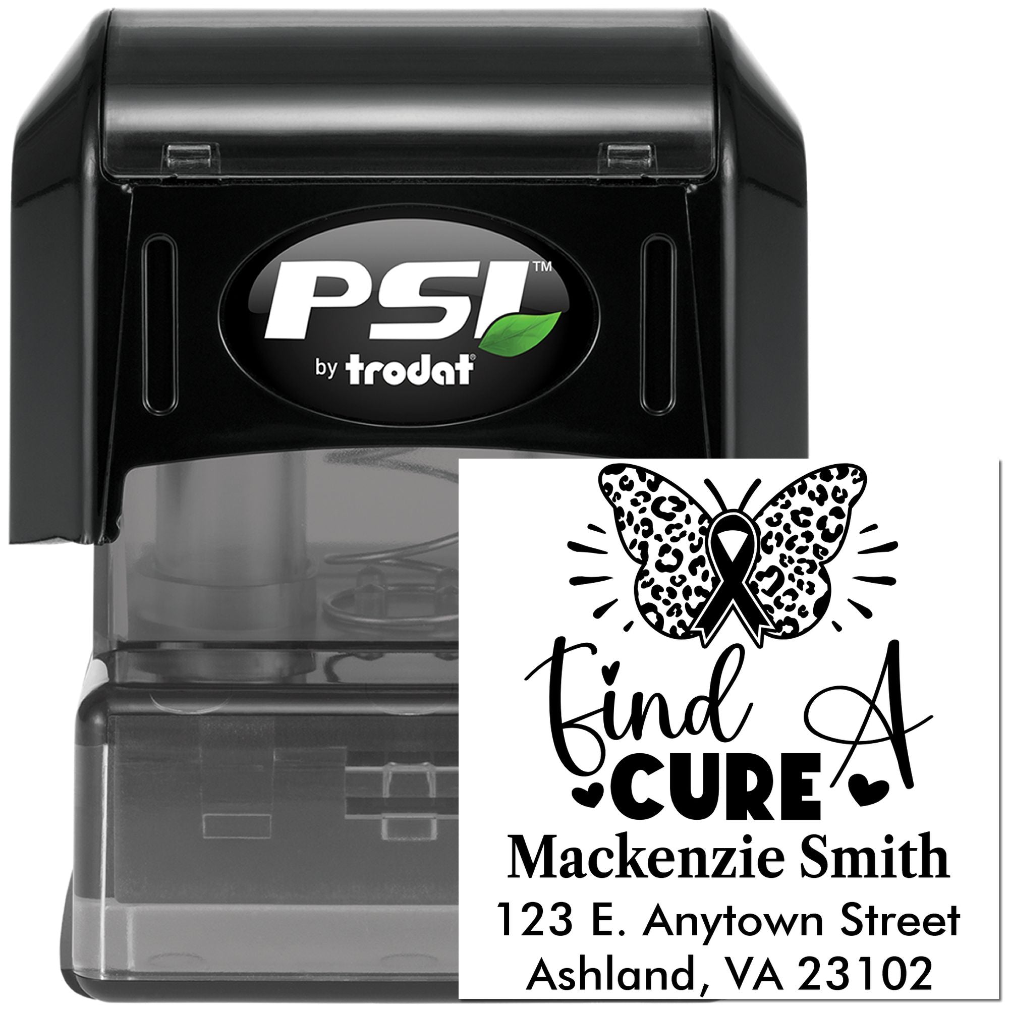 Custom self-inking rubber stamp with butterfly ribbon design, Kind & Cure text, and personalized address by PSI Trodat.