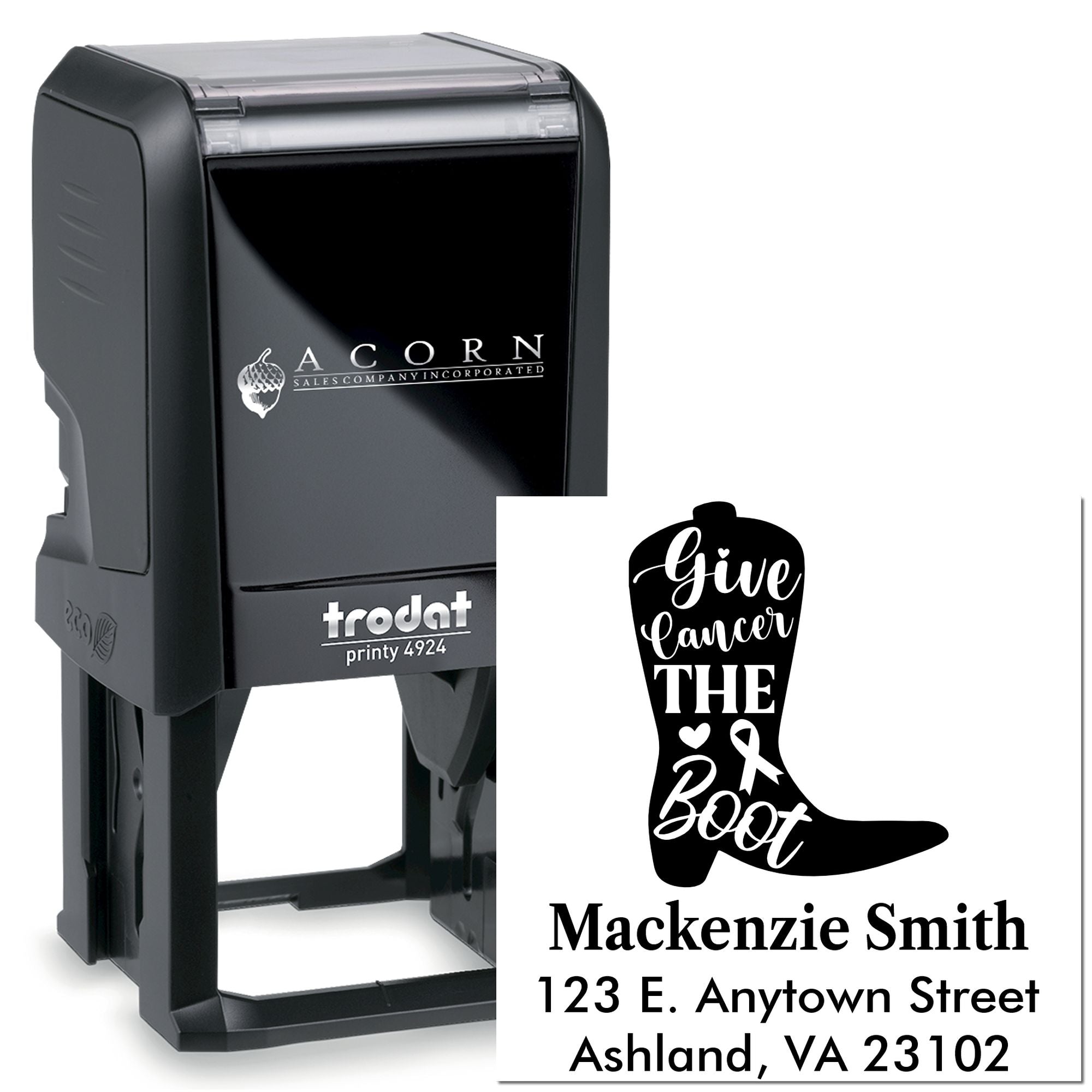 Custom Trodat self-inking rubber stamp for cancer awareness mailings with Give Cancer the Boot design and address.