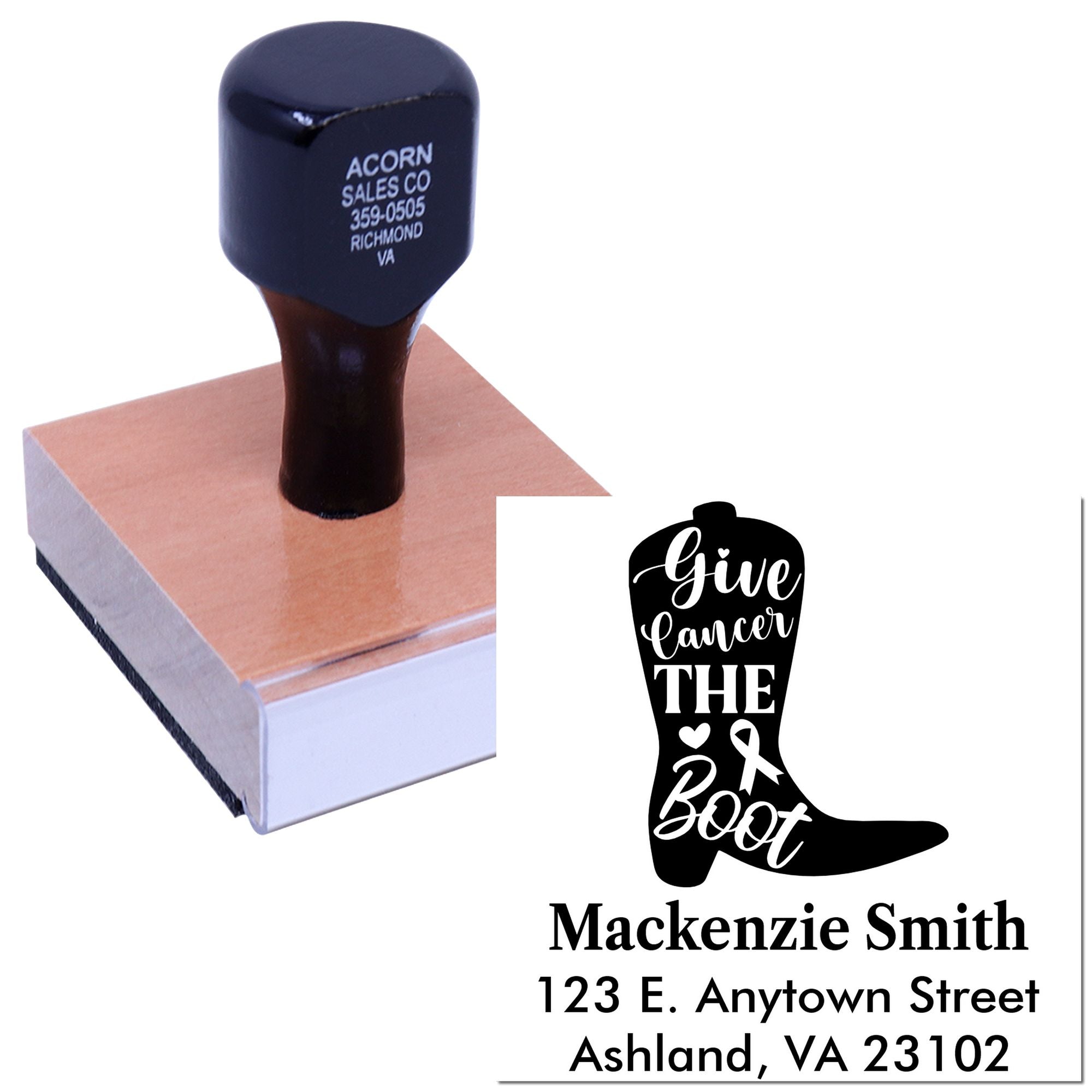 Custom rubber stamp with personalized Give Cancer the Boot design and return address for cancer awareness mailings.