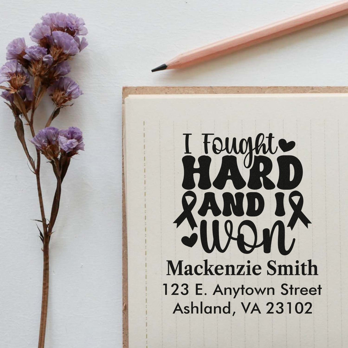 Personalized rubber stamp with I Fought Hard and Won design and return address for cancer survivor stationery.
