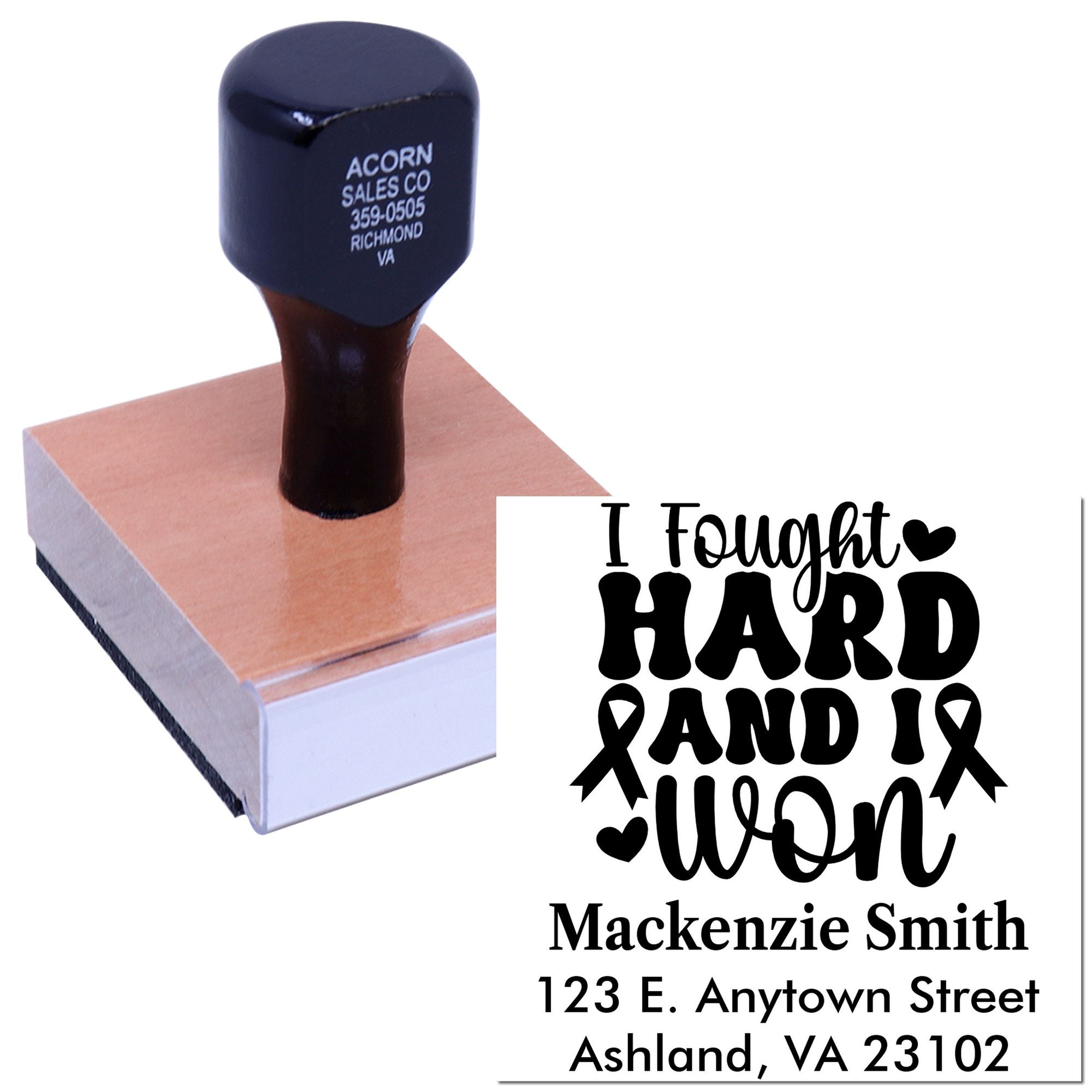 Custom rubber stamp with I Fought Hard and I Won breast cancer awareness design, name, and address.