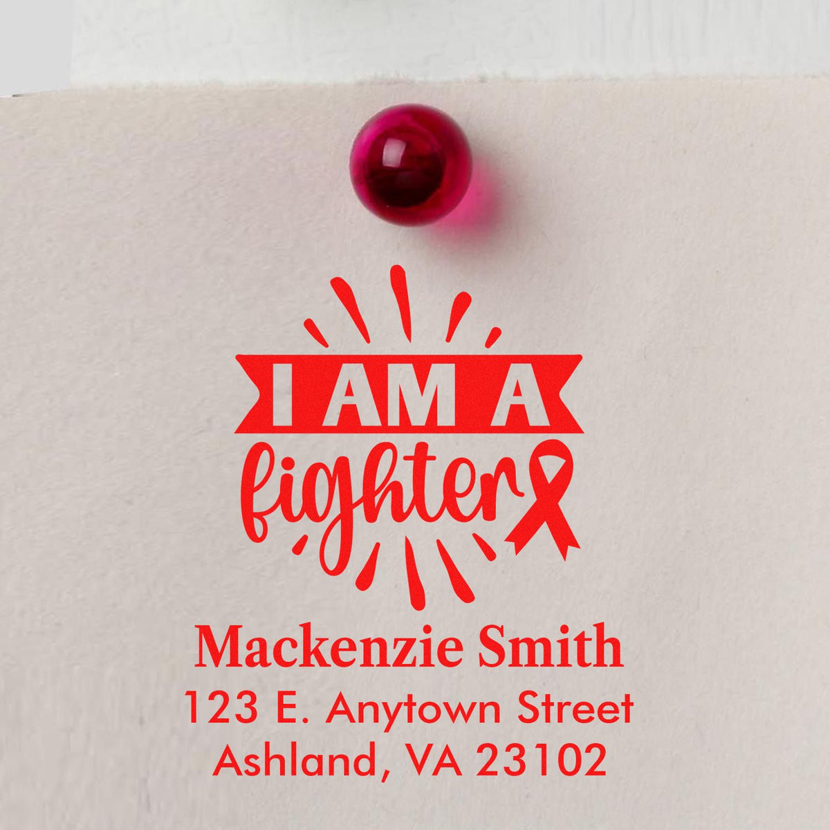Custom rubber stamp impression with I Am a Fighter breast cancer awareness ribbon and personalized return address.