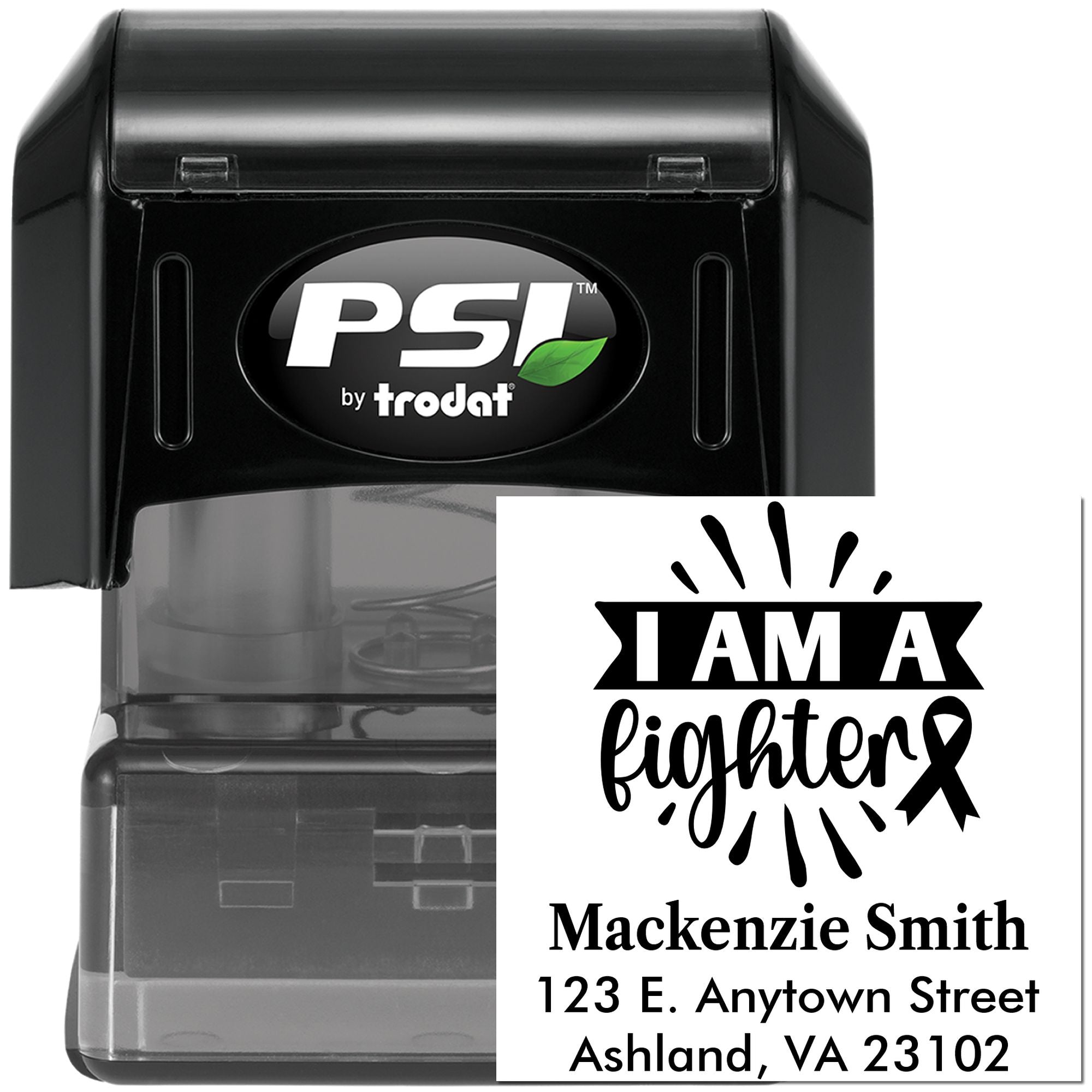 Custom firefighter self-inking rubber stamp by Trodat PSI with I AM A firefighter design and address imprint.