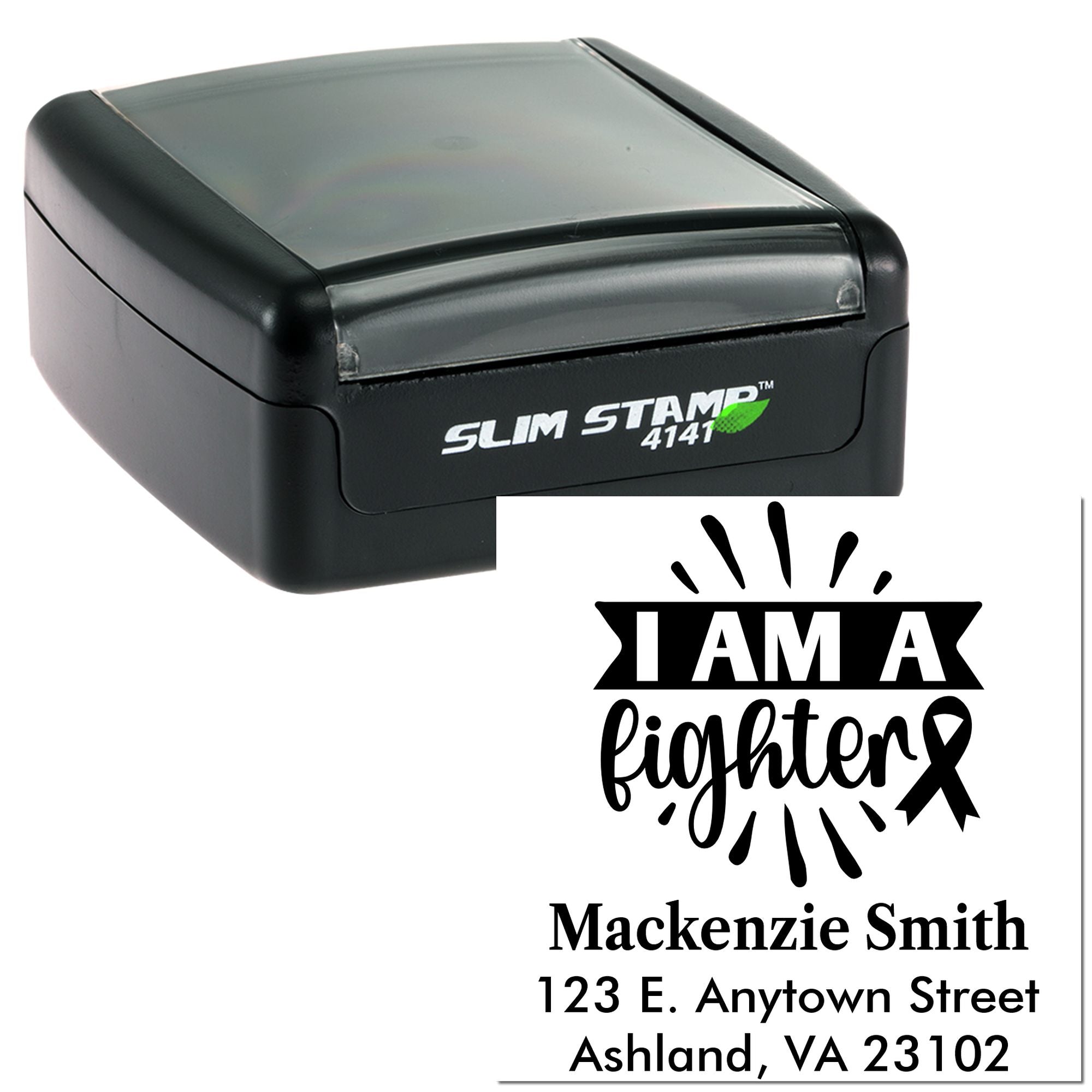 Slim self-inking rubber stamp with I am a fighter cancer ribbon design and custom return address for Mackenzie Smith.