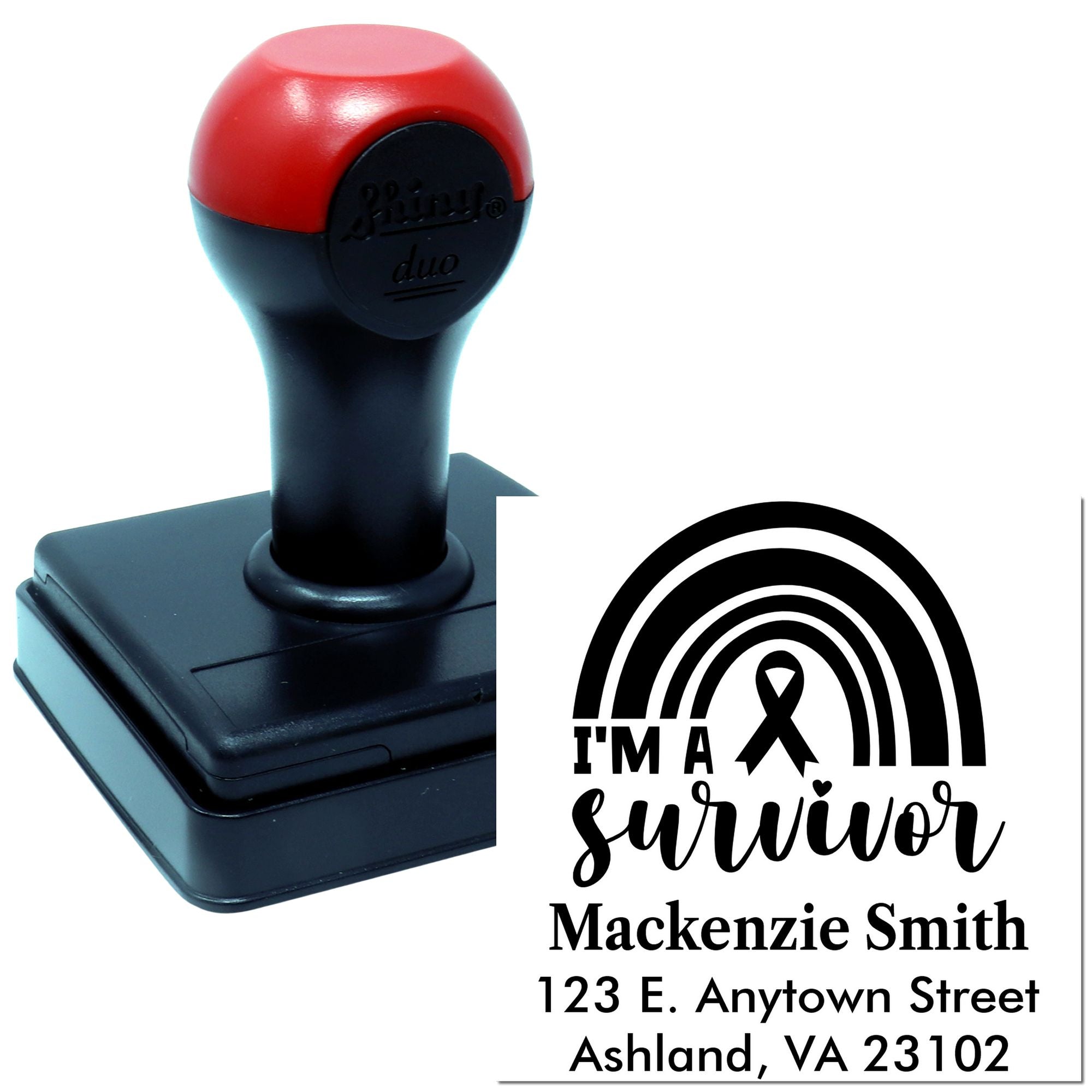 Custom self-inking rubber stamp with Im a survivor rainbow design, personalized with name and address for crafting.