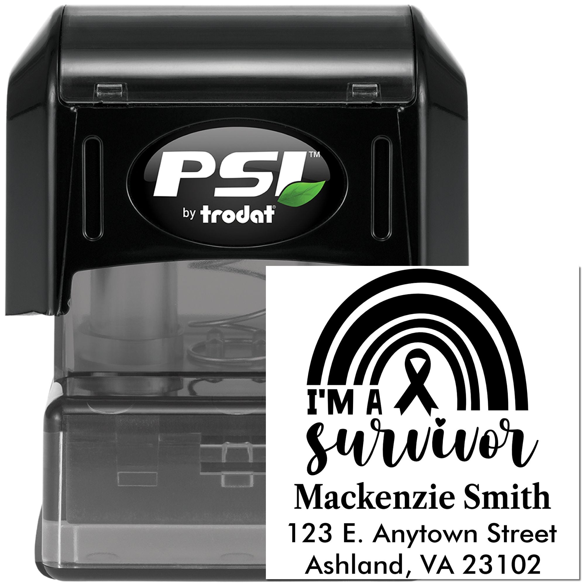 Custom self-inking rubber address stamp by PSI Trodat with Im a survivor rainbow design, name, and return address