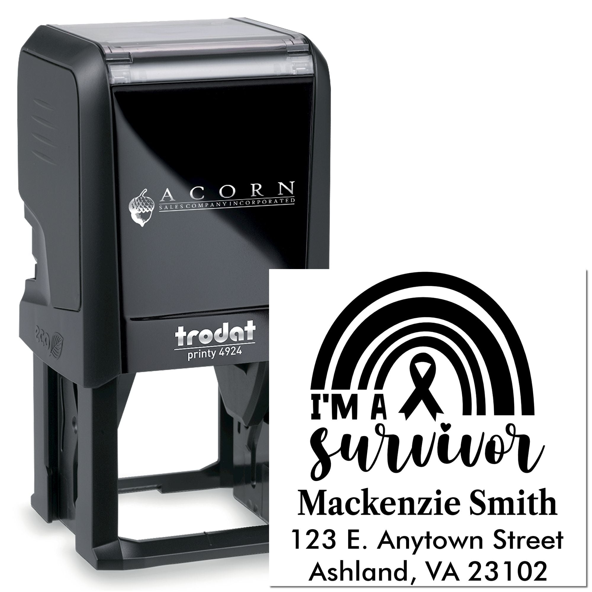 Custom self-inking Trodat rubber stamp with rainbow Im a survivor imprint, name, and address for personalized mailing.