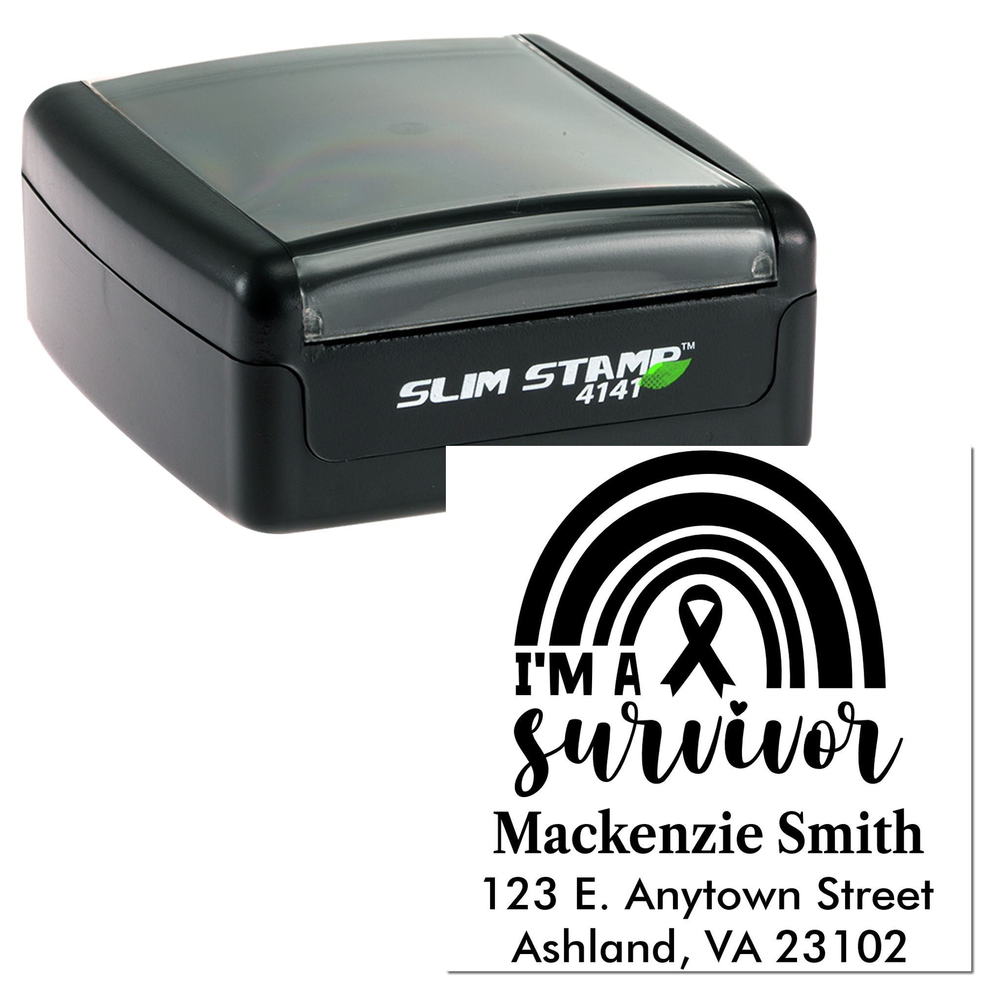 Custom self-inking rubber address stamp with Im a survivor rainbow design.